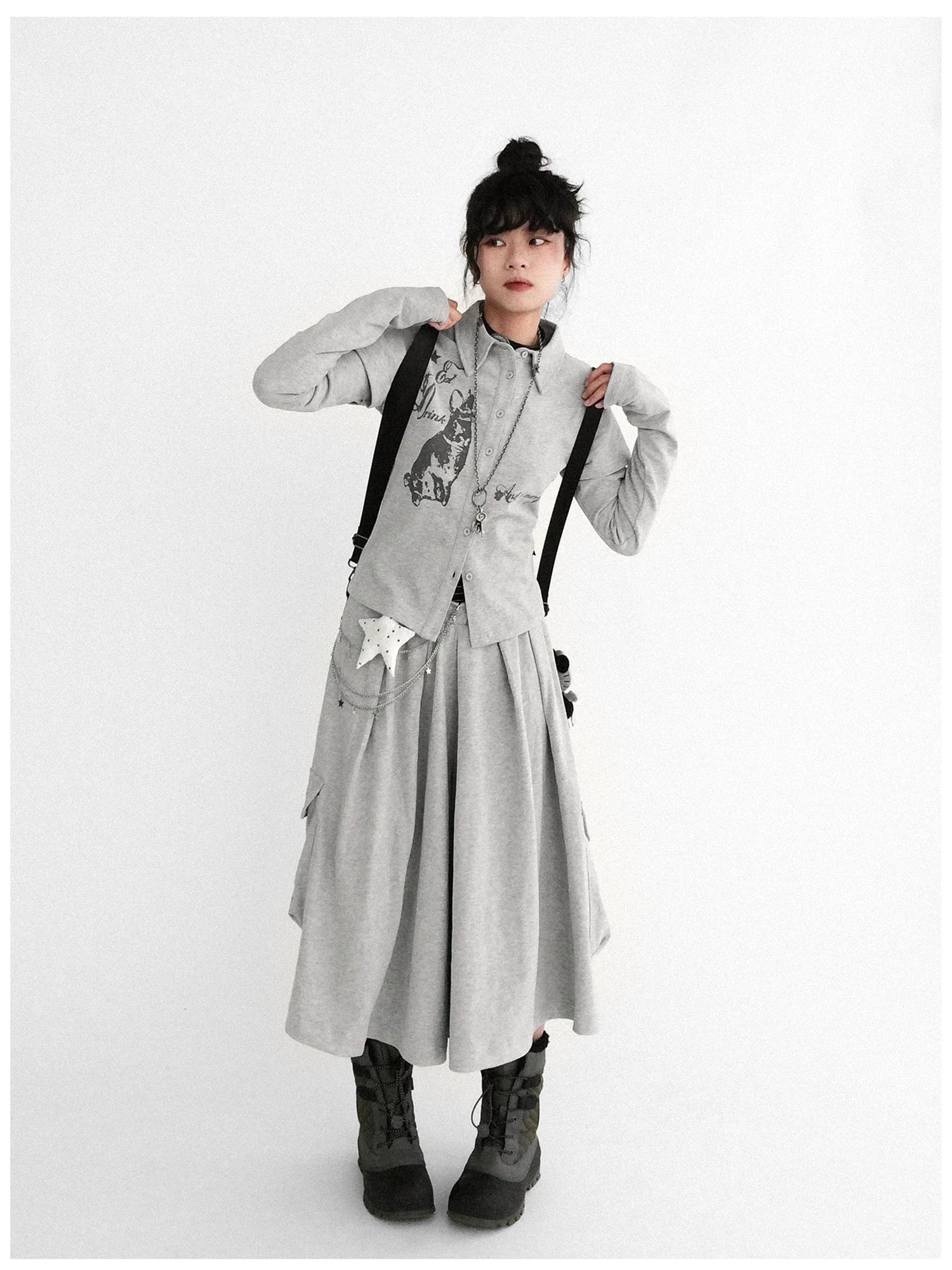 Rabbit Print Collared Knit T-shirt Dress