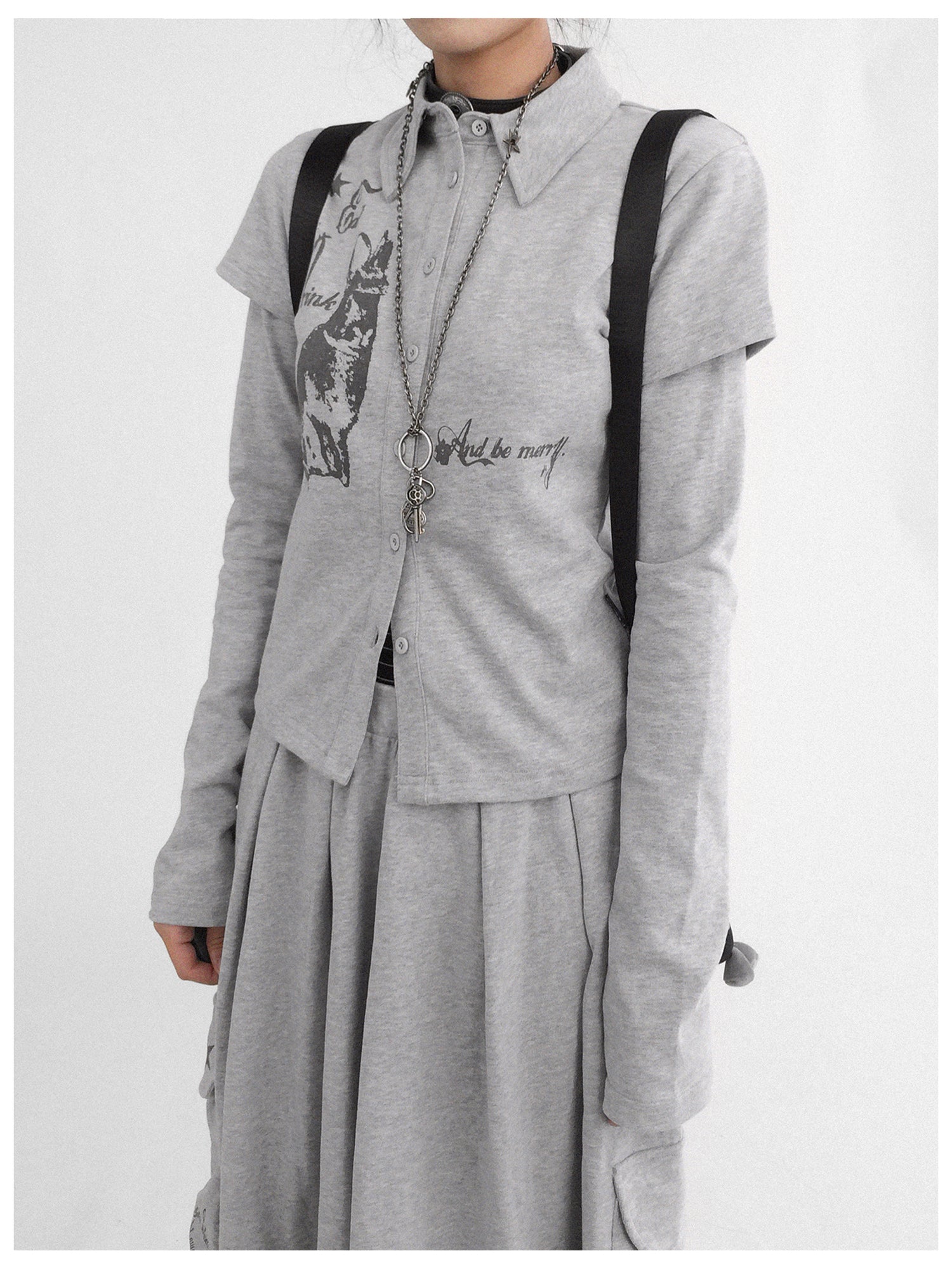 innomoood Rabbit Print Collared Knit T-shirt Dress