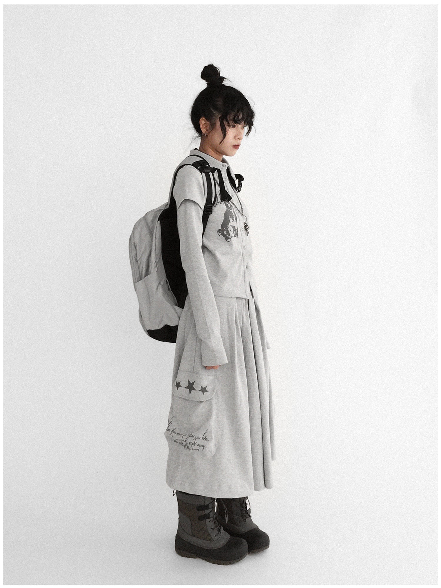 innomoood Rabbit Print Collared Knit T-shirt Dress