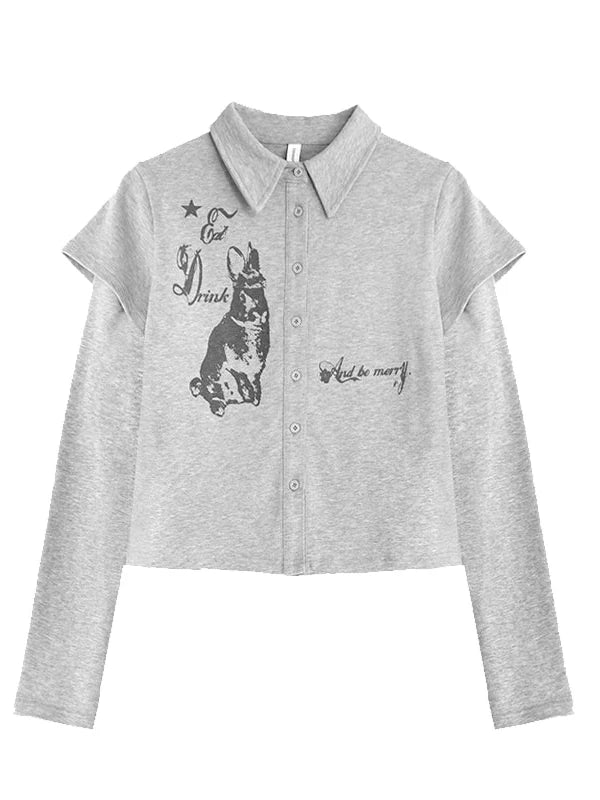 Rabbit Print Collared Knit T-shirt Dress