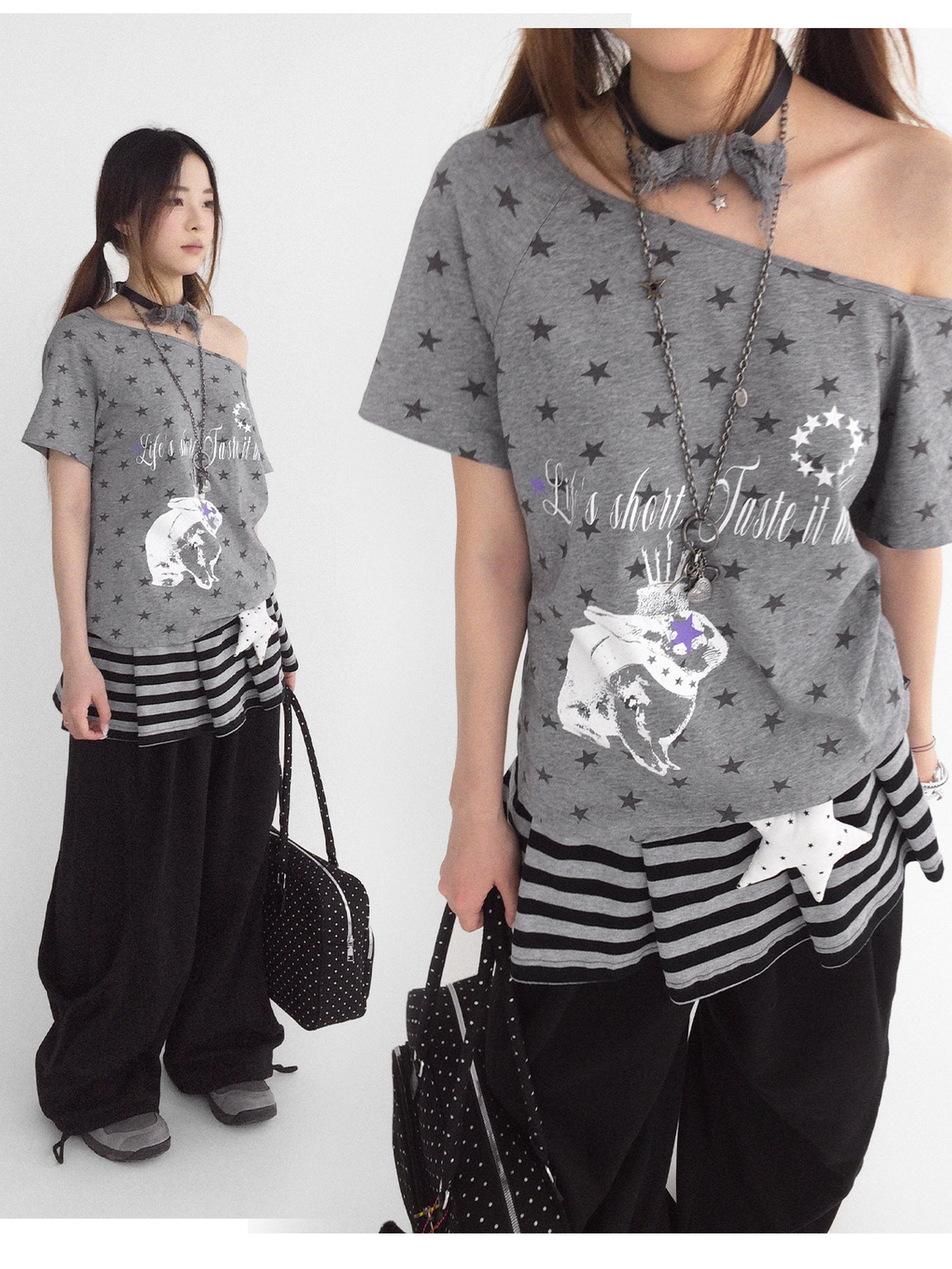 innomoood Rabbit Star Print Slouchy Tee