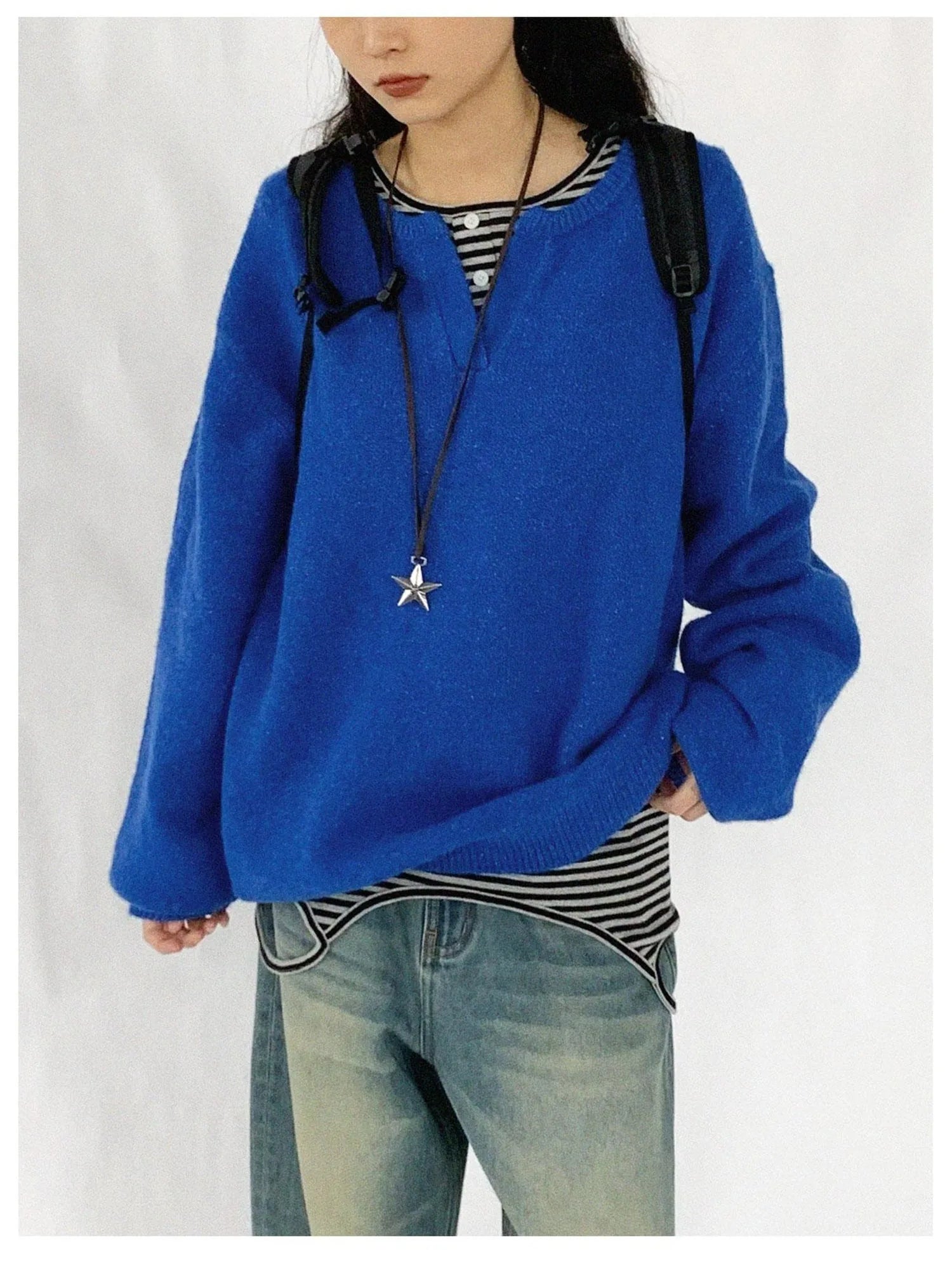 Relaxed V-Neck Wool Blend Knit Sweater