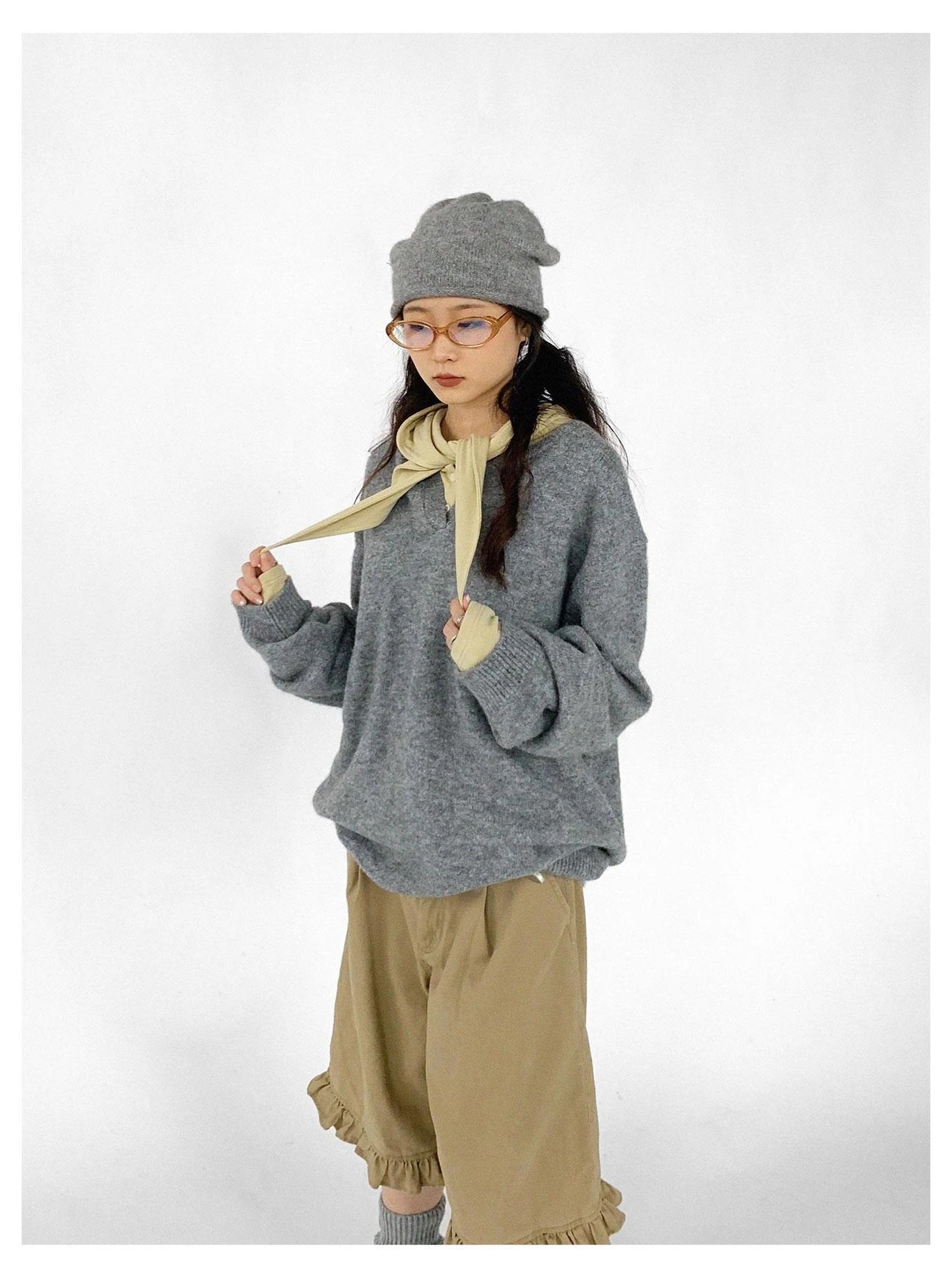 Relaxed V-Neck Wool Blend Knit Sweater