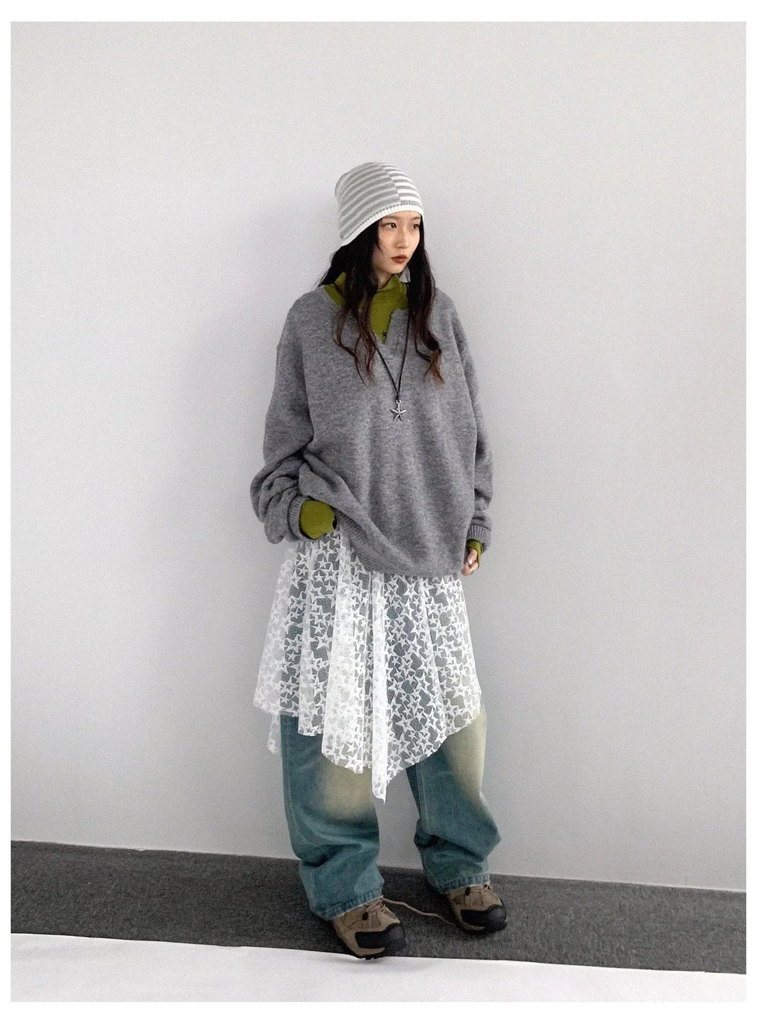 Relaxed V-Neck Wool Blend Knit Sweater