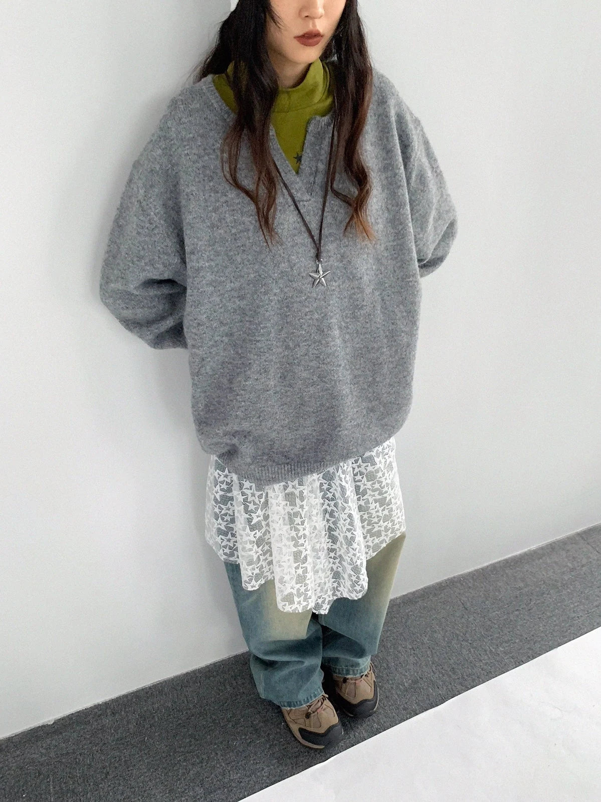 Relaxed V-Neck Wool Blend Knit Sweater