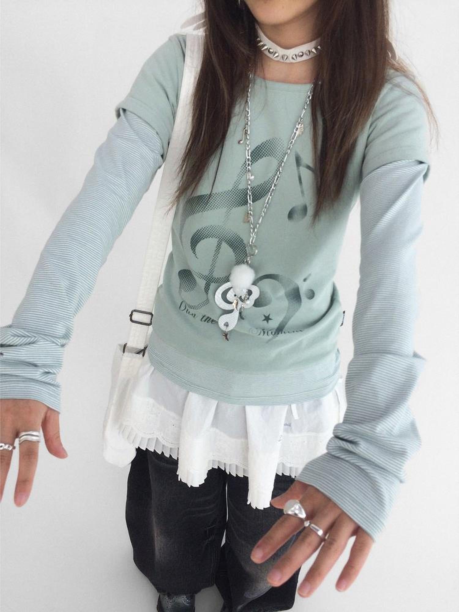innomoood Resonant Note Print Layered Long Sleeve Tee