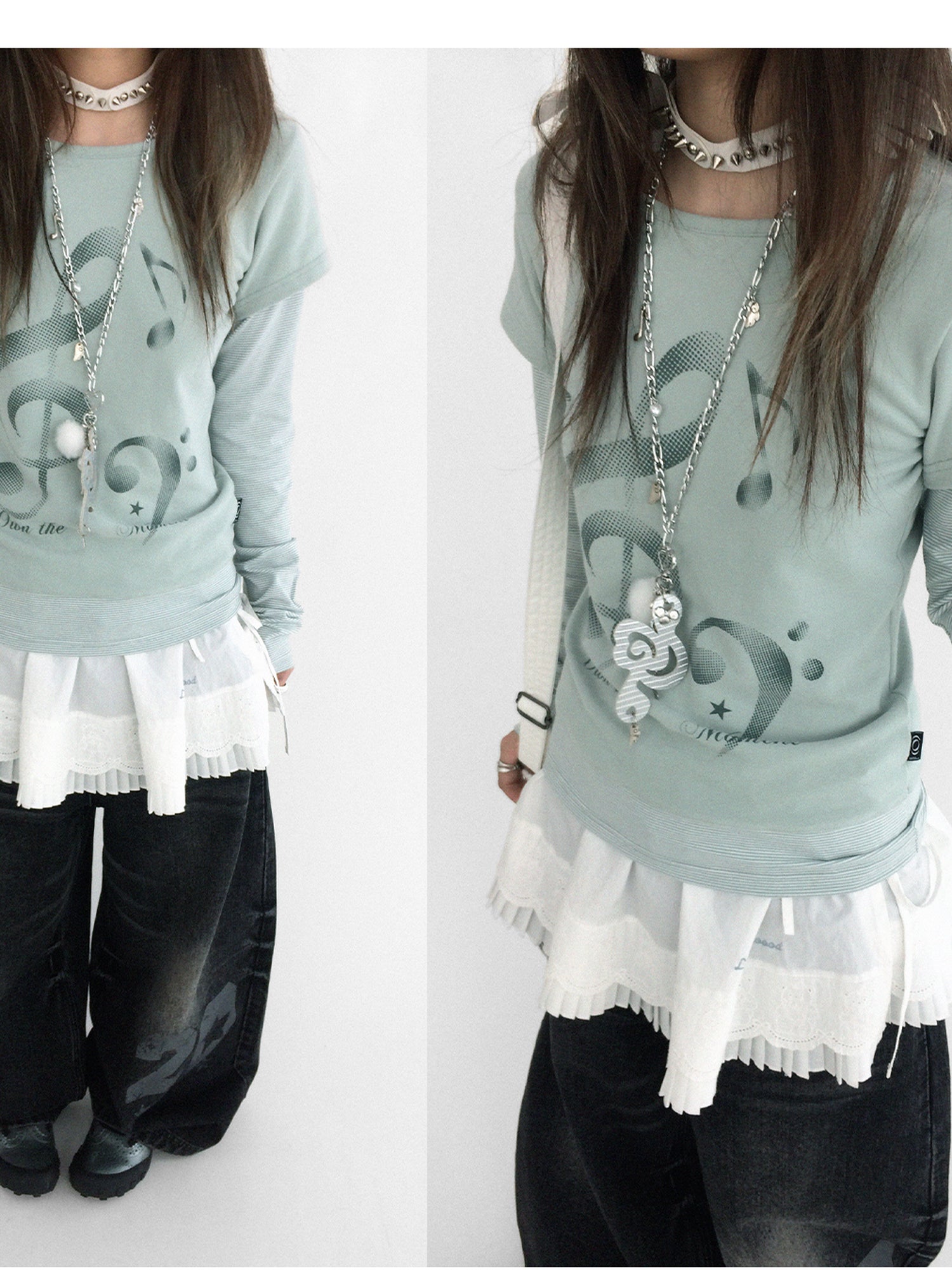 innomoood Resonant Note Print Layered Long Sleeve Tee