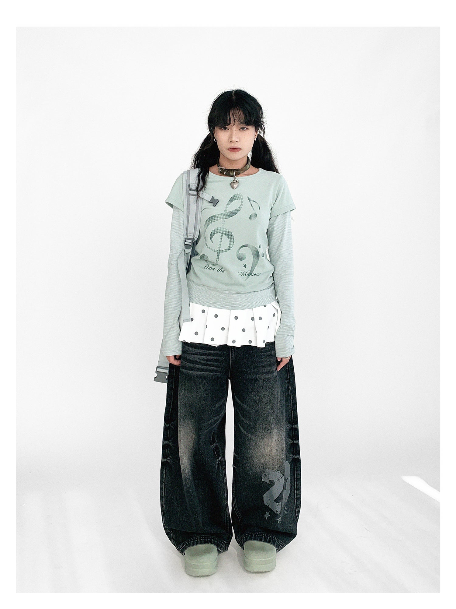 innomoood Resonant Note Print Layered Long Sleeve Tee