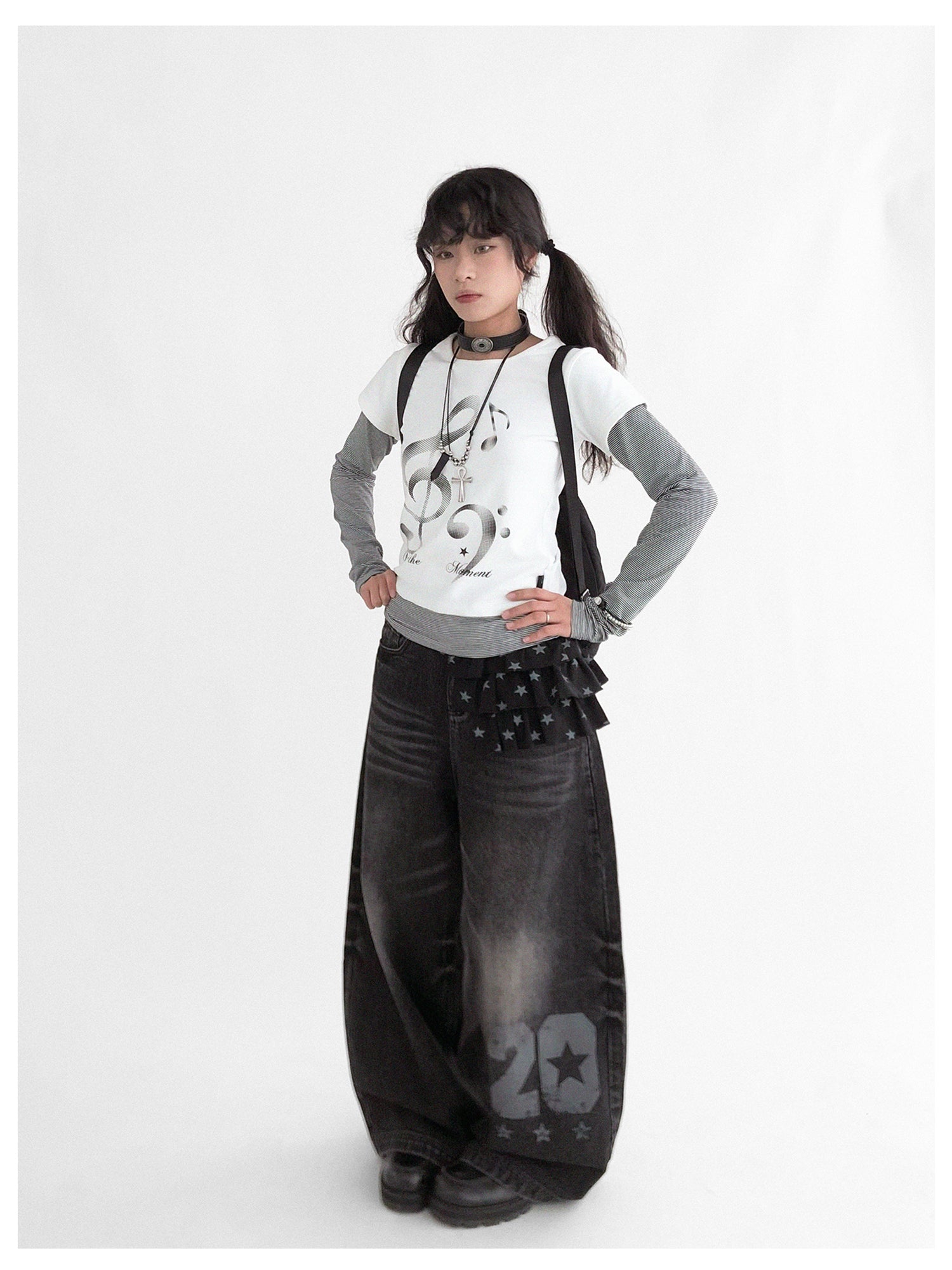 innomoood Resonant Note Print Layered Long Sleeve Tee