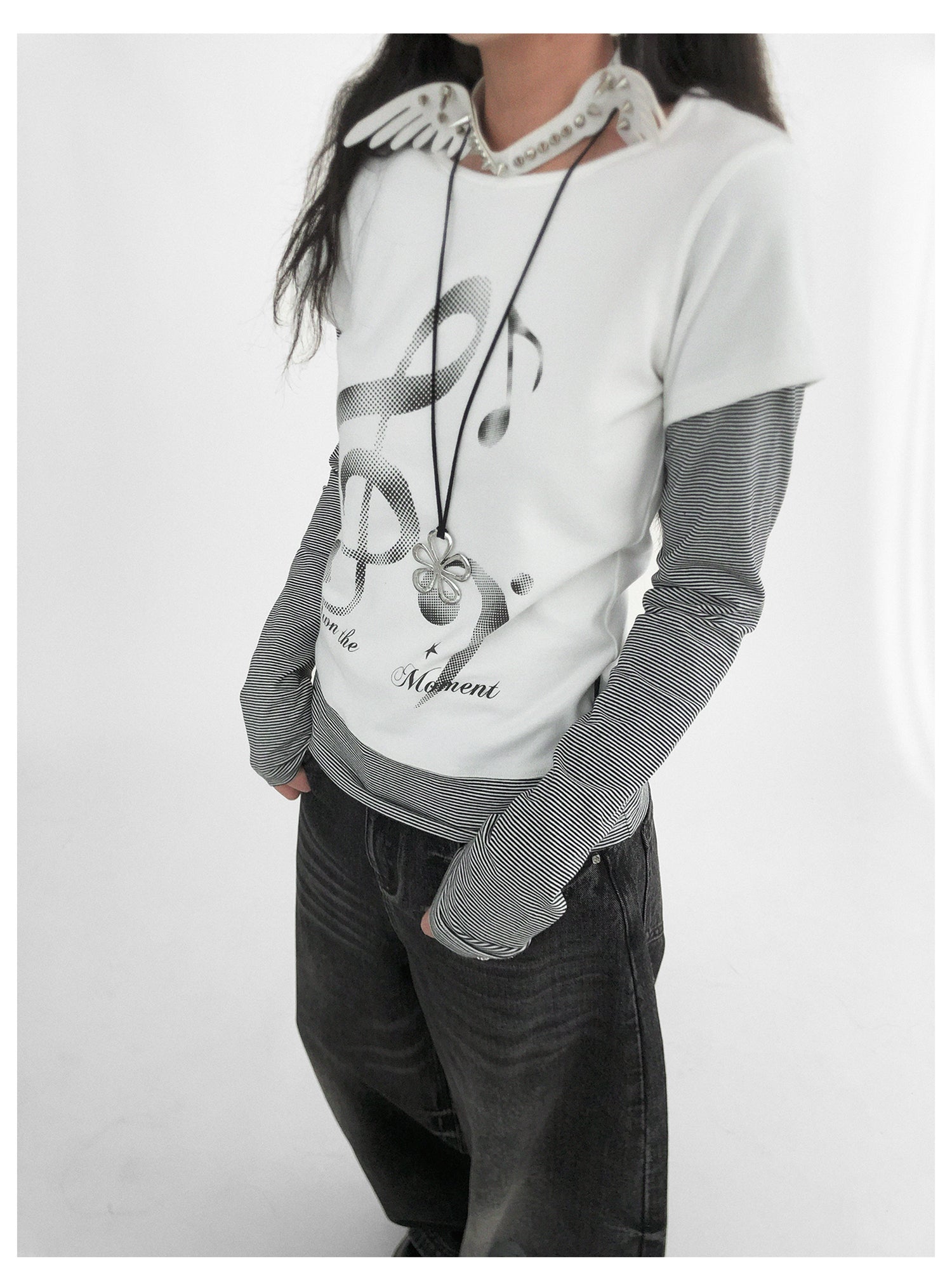 innomoood Resonant Note Print Layered Long Sleeve Tee