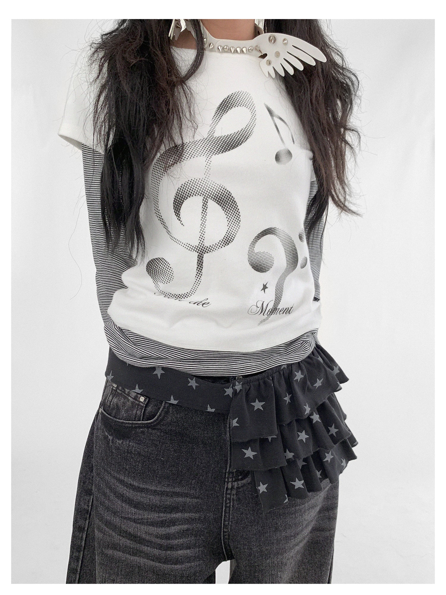 innomoood Resonant Note Print Layered Long Sleeve Tee