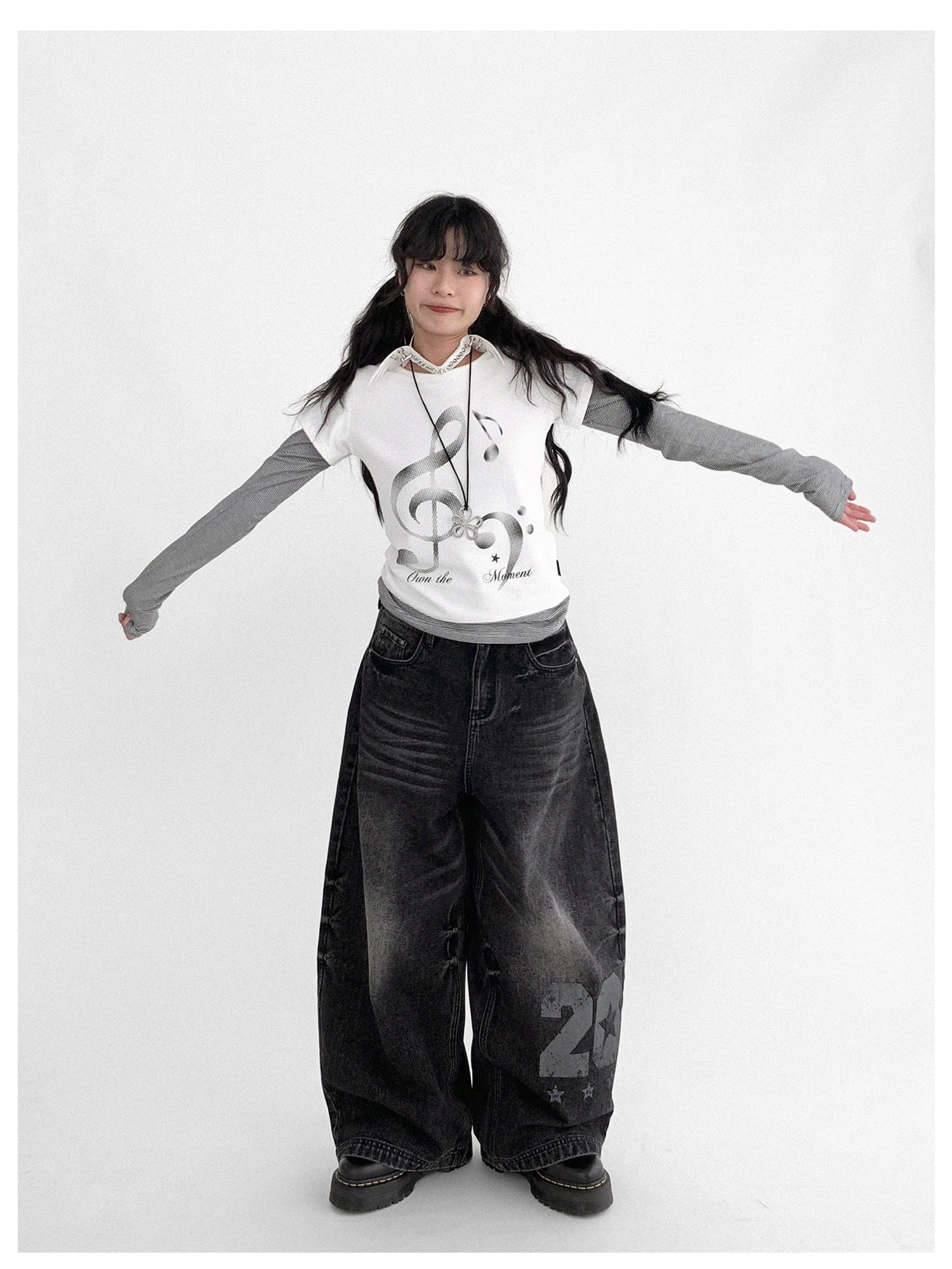 innomoood Resonant Note Print Layered Long Sleeve Tee