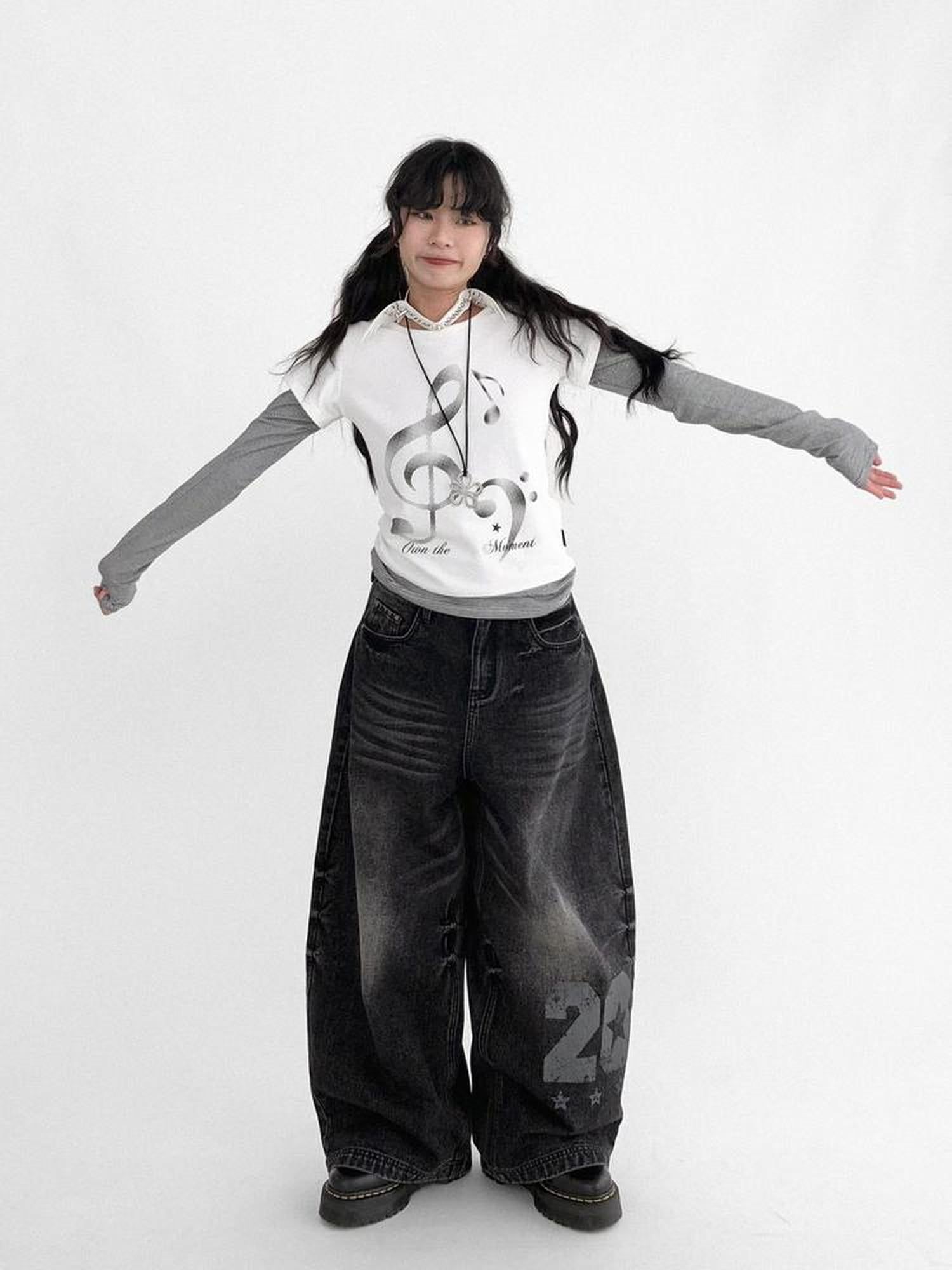 innomoood Resonant Note Print Layered Long Sleeve Tee