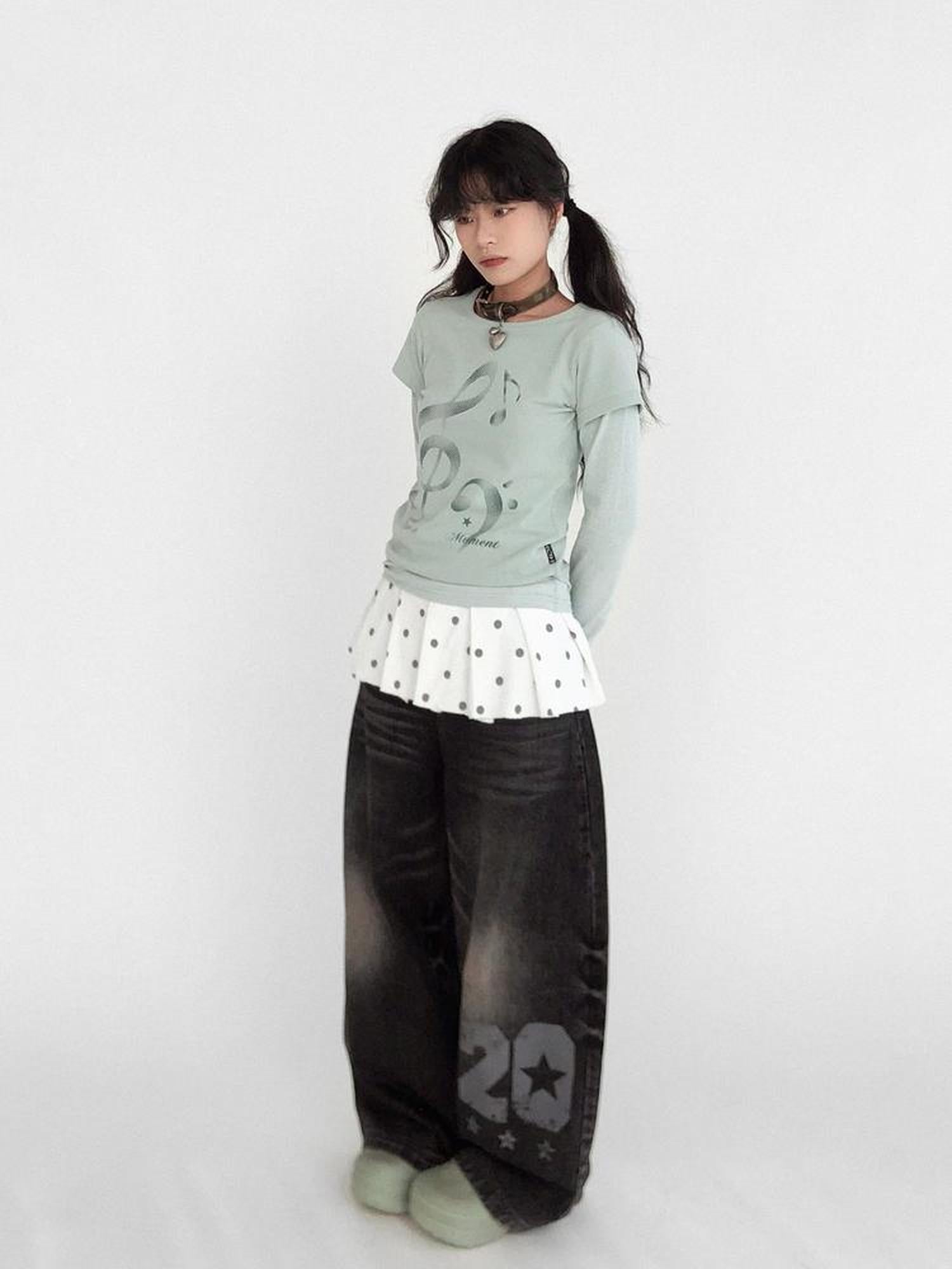 innomoood Resonant Note Print Layered Long Sleeve Tee