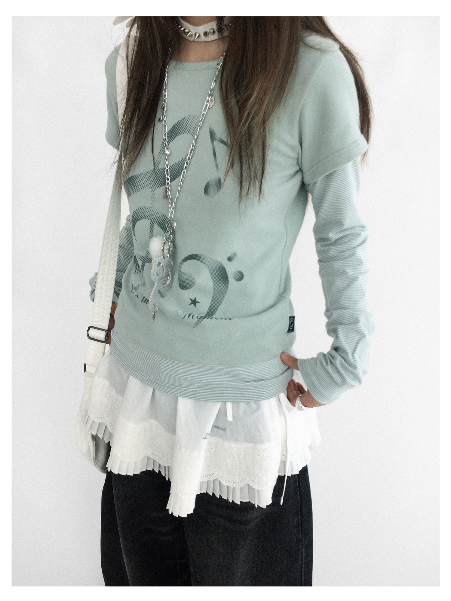 innomoood Resonant Note Print Layered Long Sleeve Tee