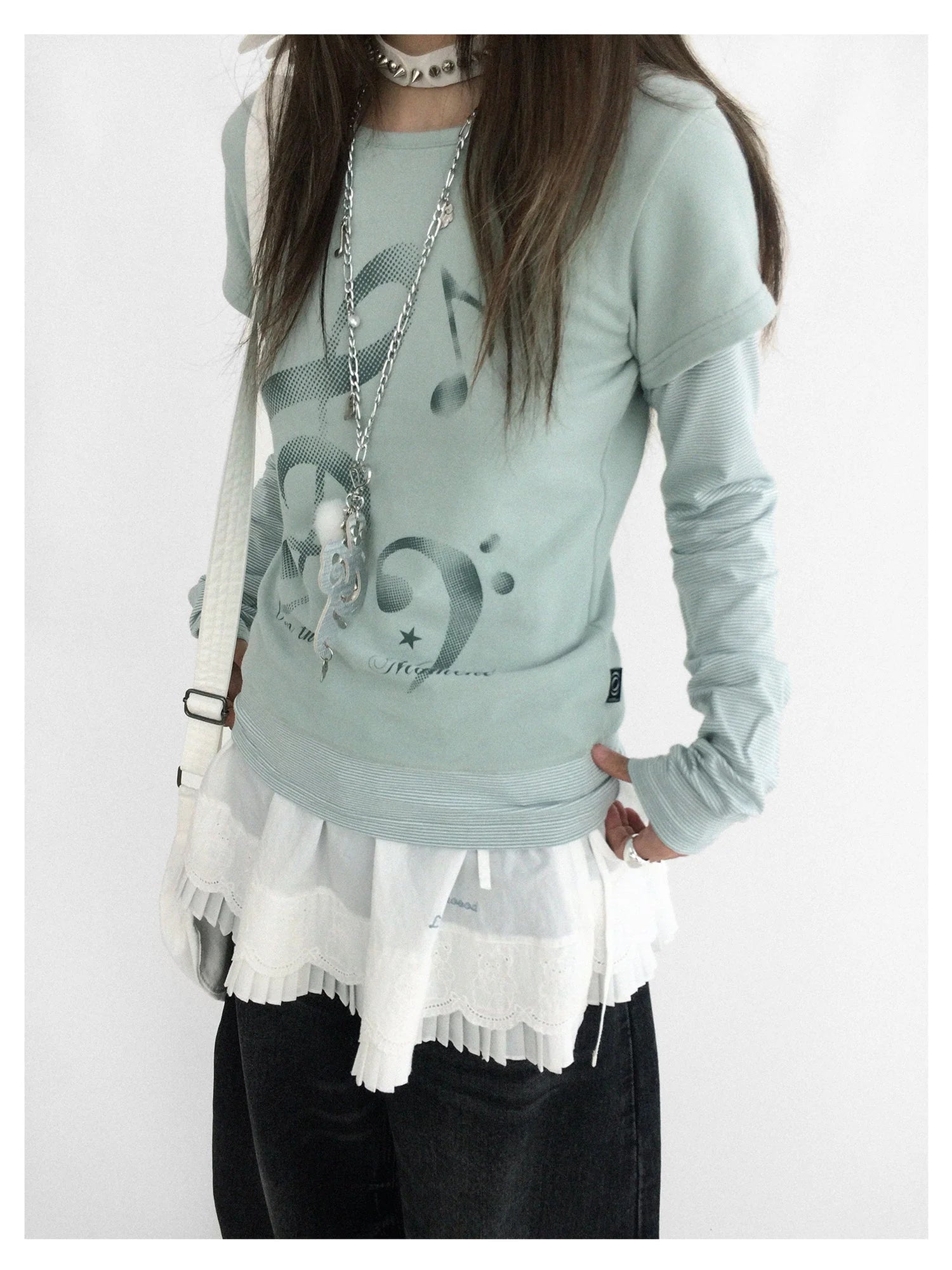 Resonant Note Print Layered Long Sleeve Tee