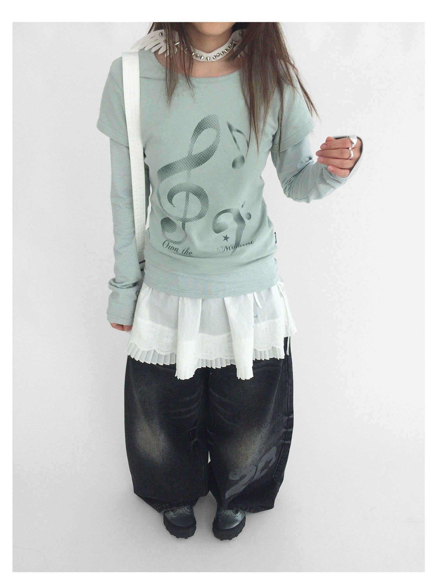 innomoood Resonant Note Print Layered Long Sleeve Tee