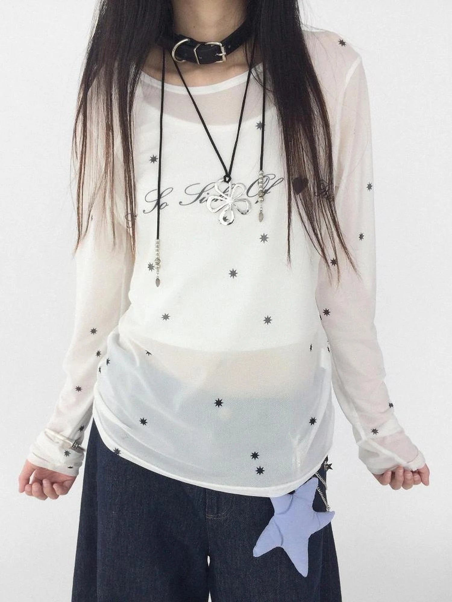 Romantic Allergy Mesh Print V-neck T-shirt Long Sleeve