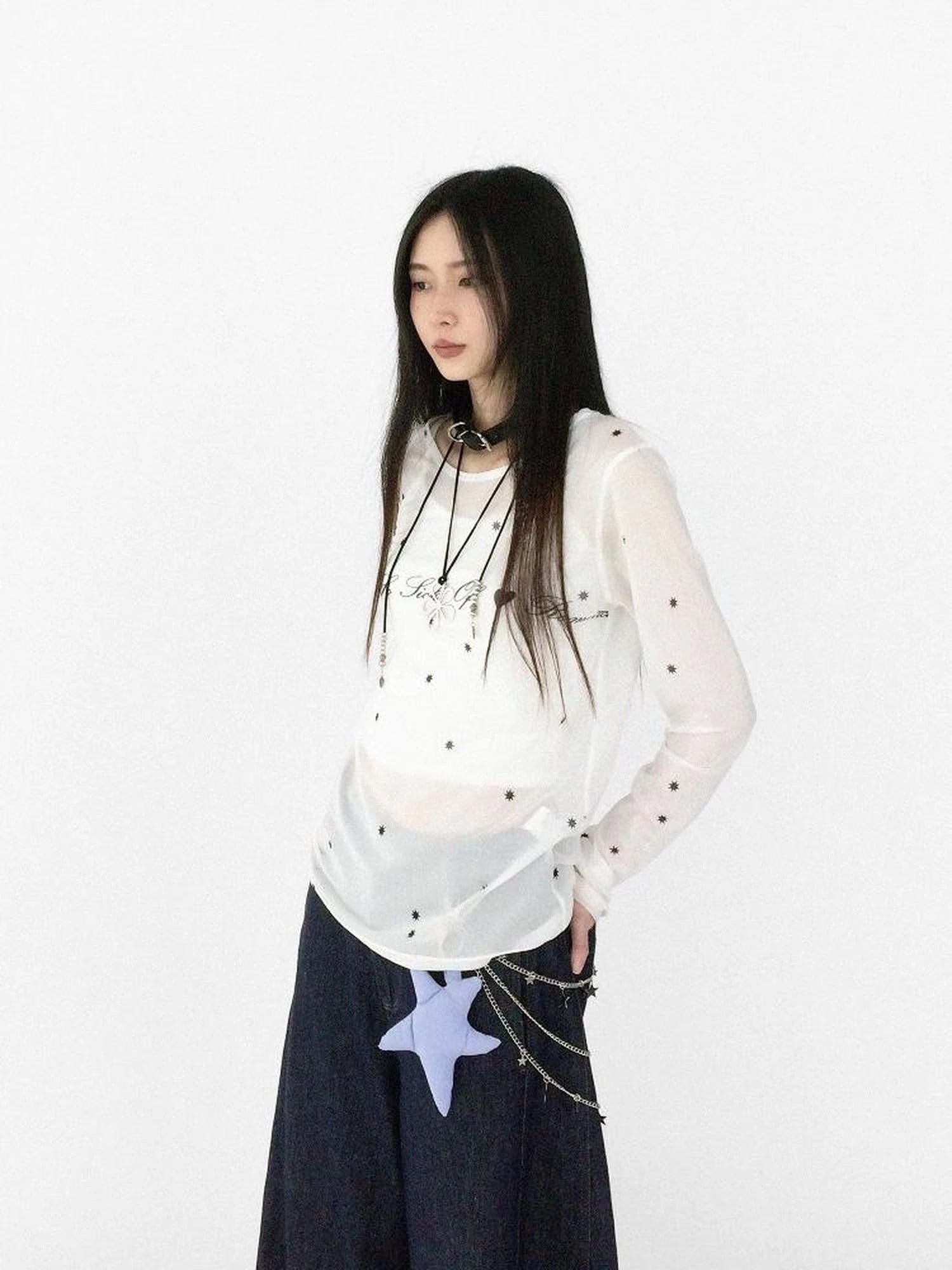 Romantic Allergy Mesh Print V-neck T-shirt Long Sleeve