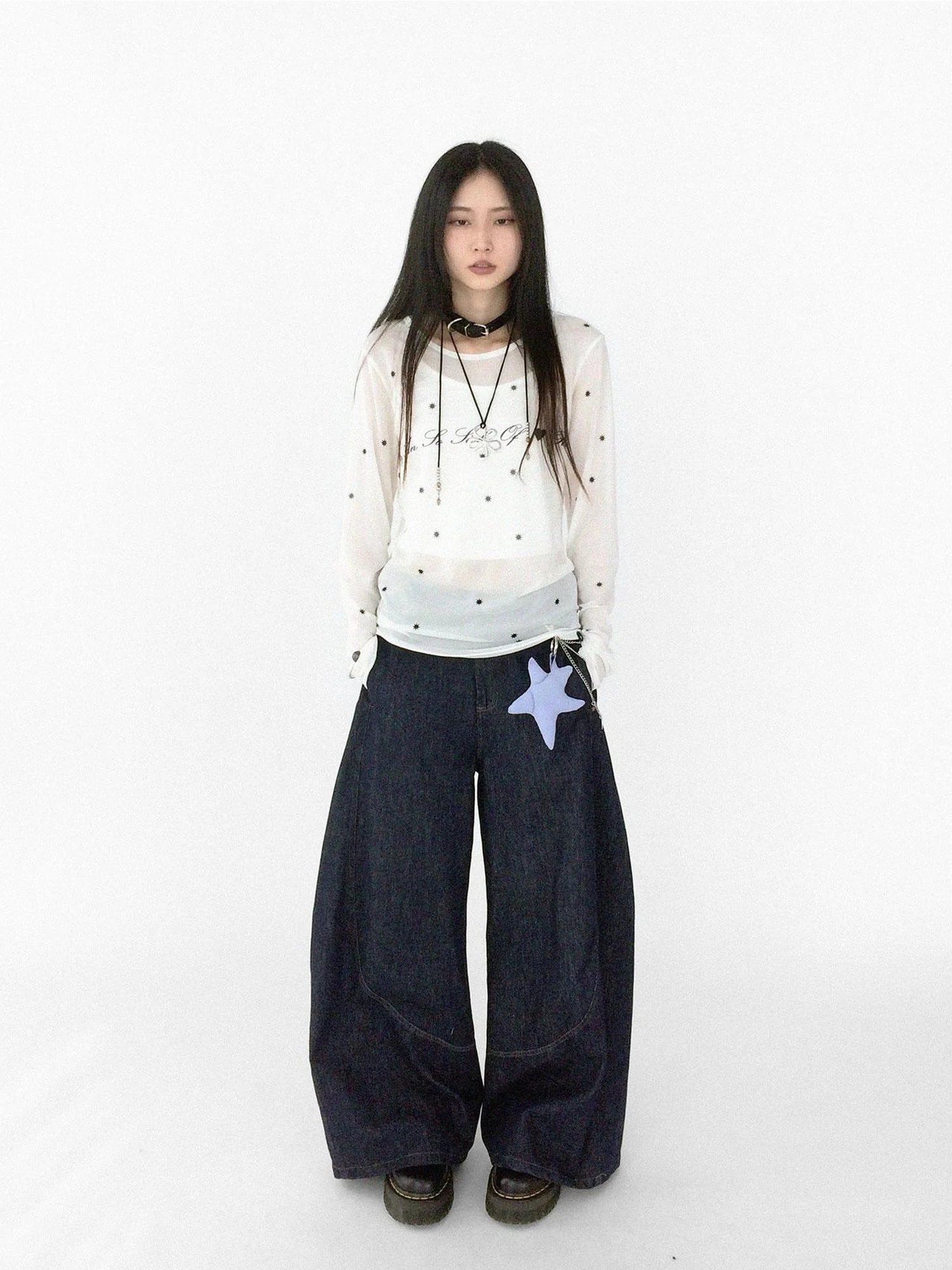 Romantic Allergy Mesh Print V-neck T-shirt Long Sleeve