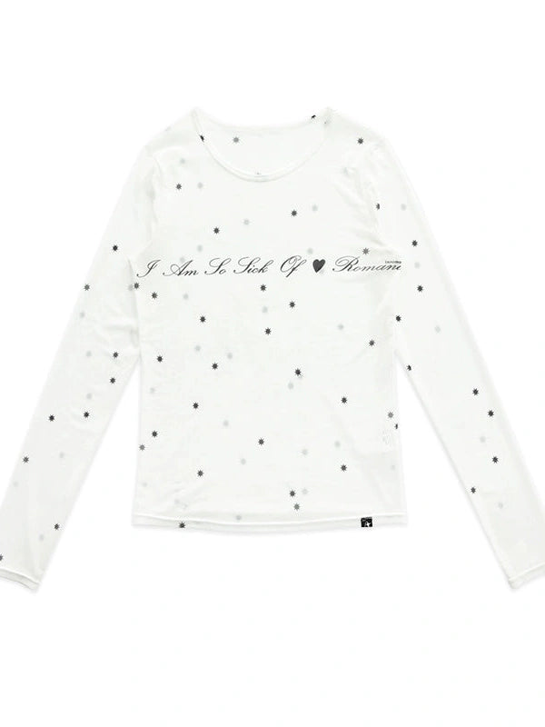 Romantic Allergy Mesh Print V-neck T-shirt Long Sleeve