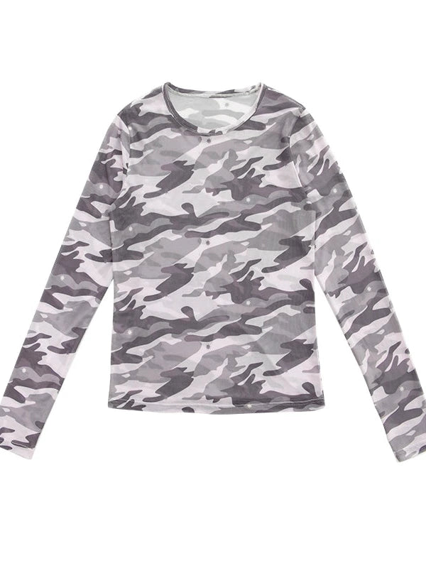 Romantic Allergy Mesh Print V-neck T-shirt Long Sleeve