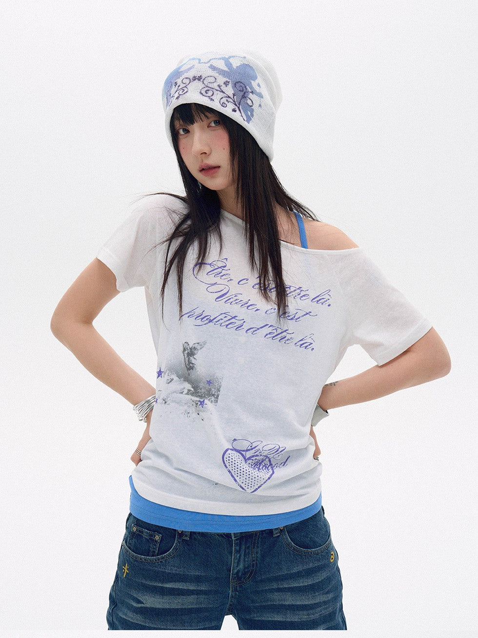 innomoood Sheer Printed One Shoulder Heart Letter Relaxed Women&