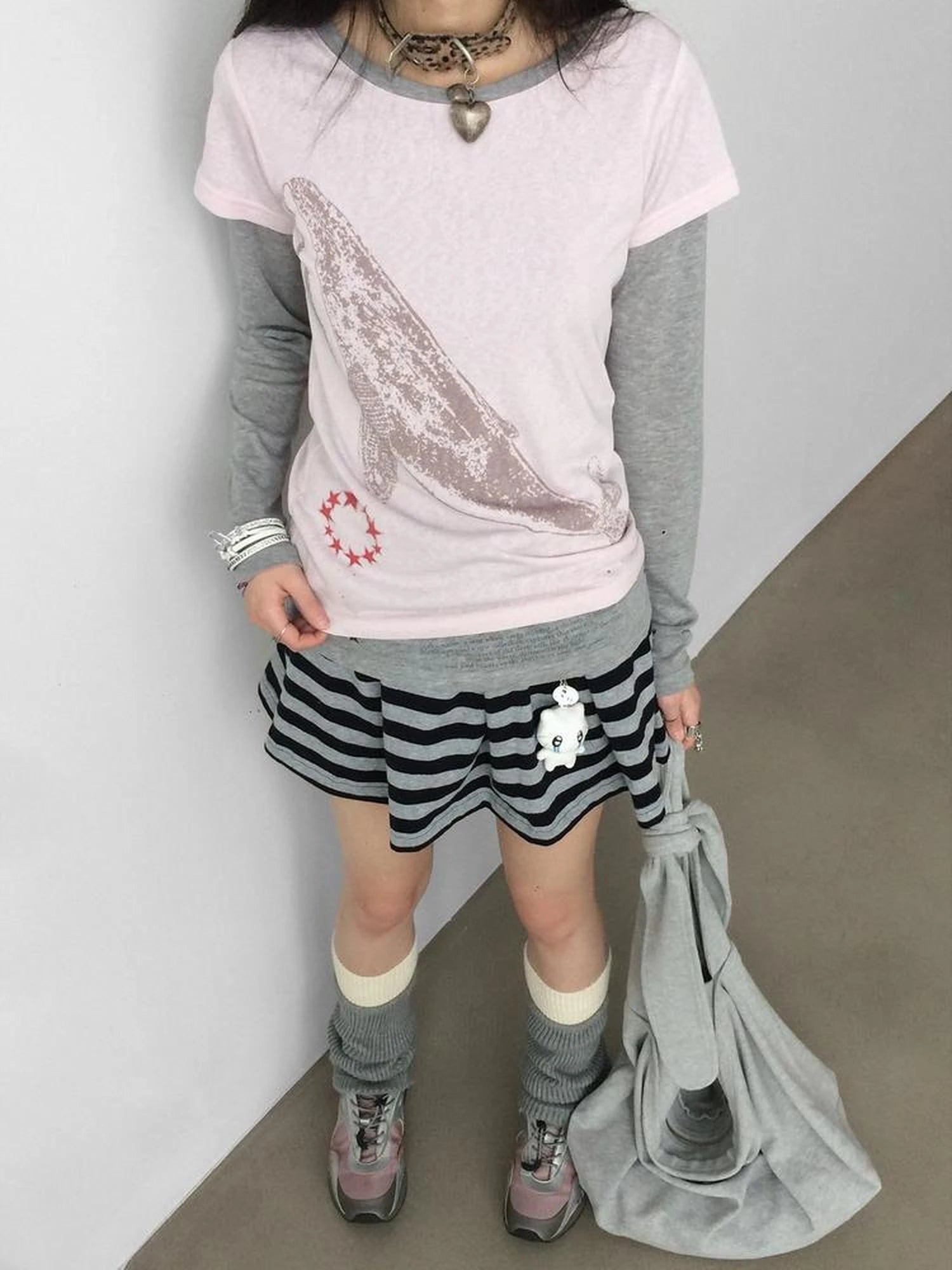 Silent Whale Embroidered Print Tee Retro Color Block Design