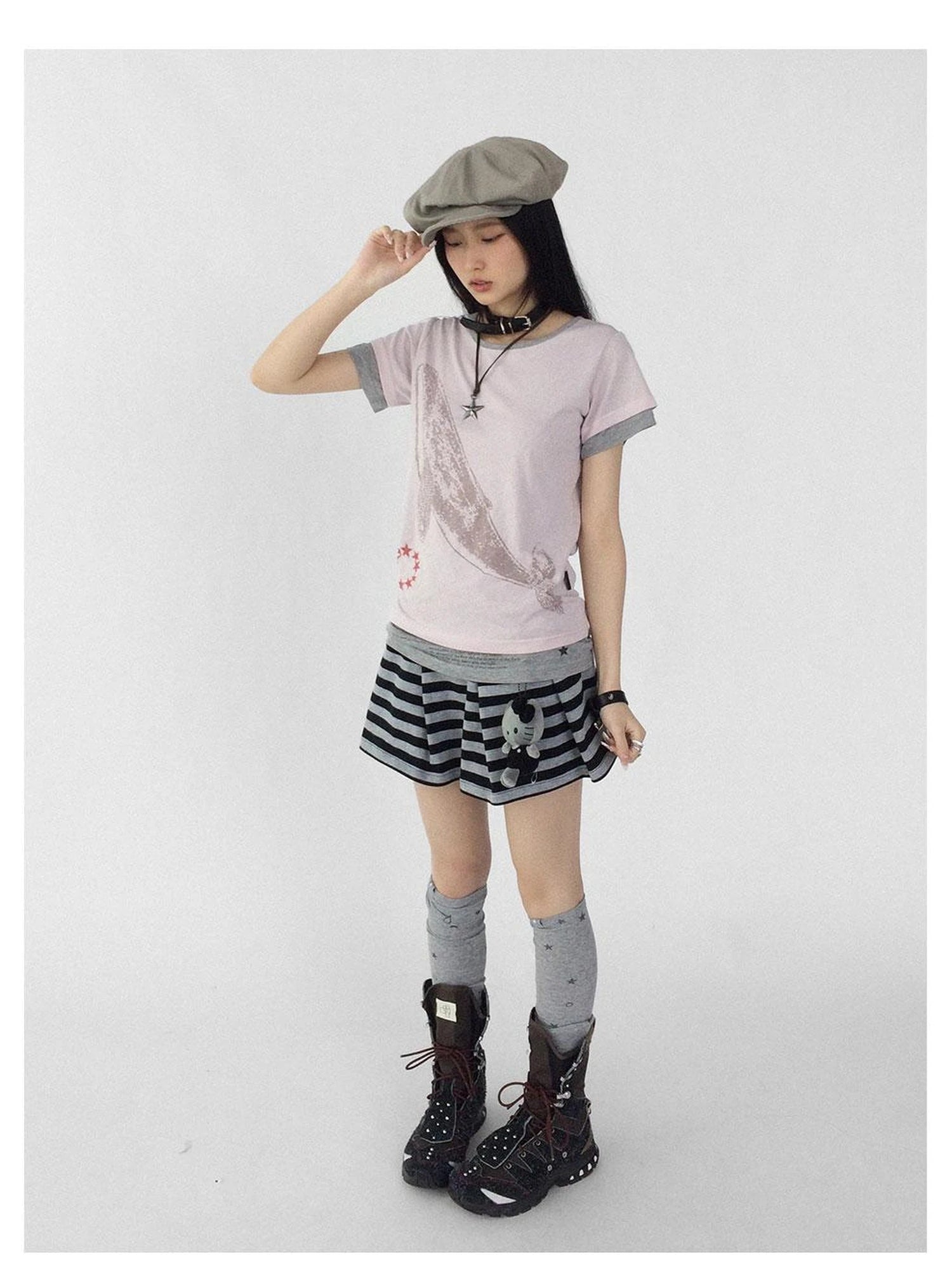 Silent Whale Embroidered Print Tee Retro Color Block Design