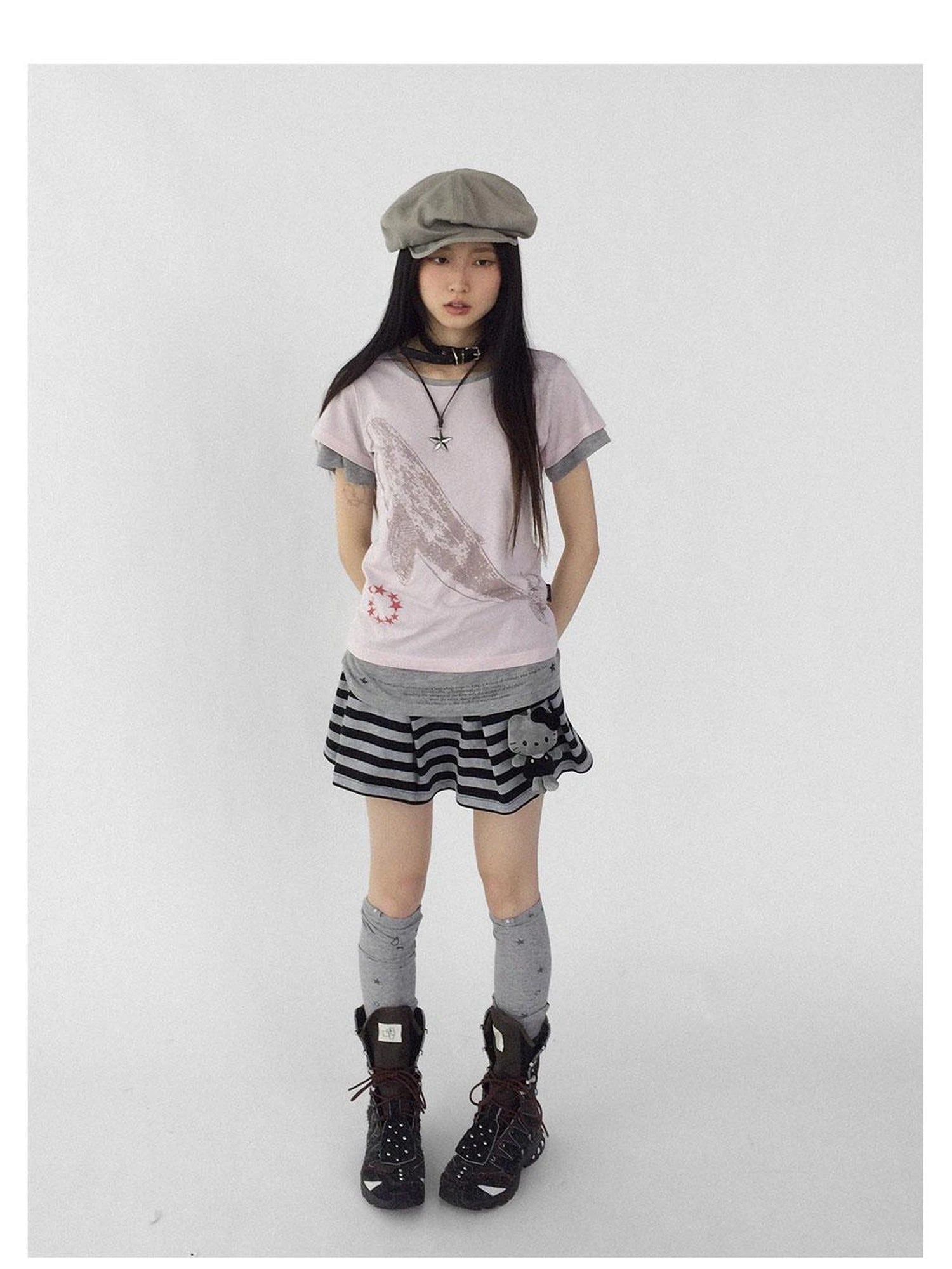 Silent Whale Embroidered Print Tee Retro Color Block Design