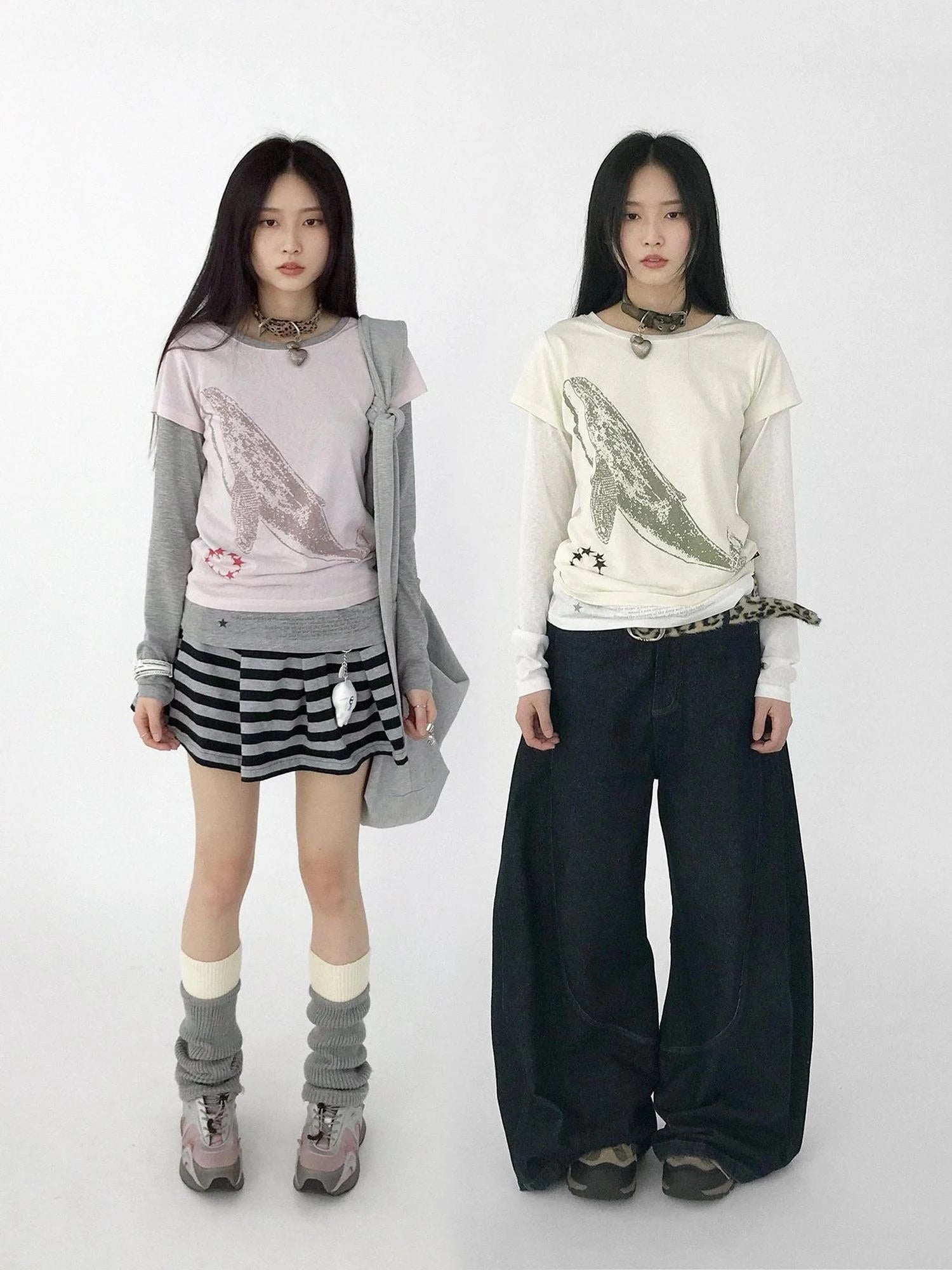 Silent Whale Embroidered Print Tee Retro Color Block Design