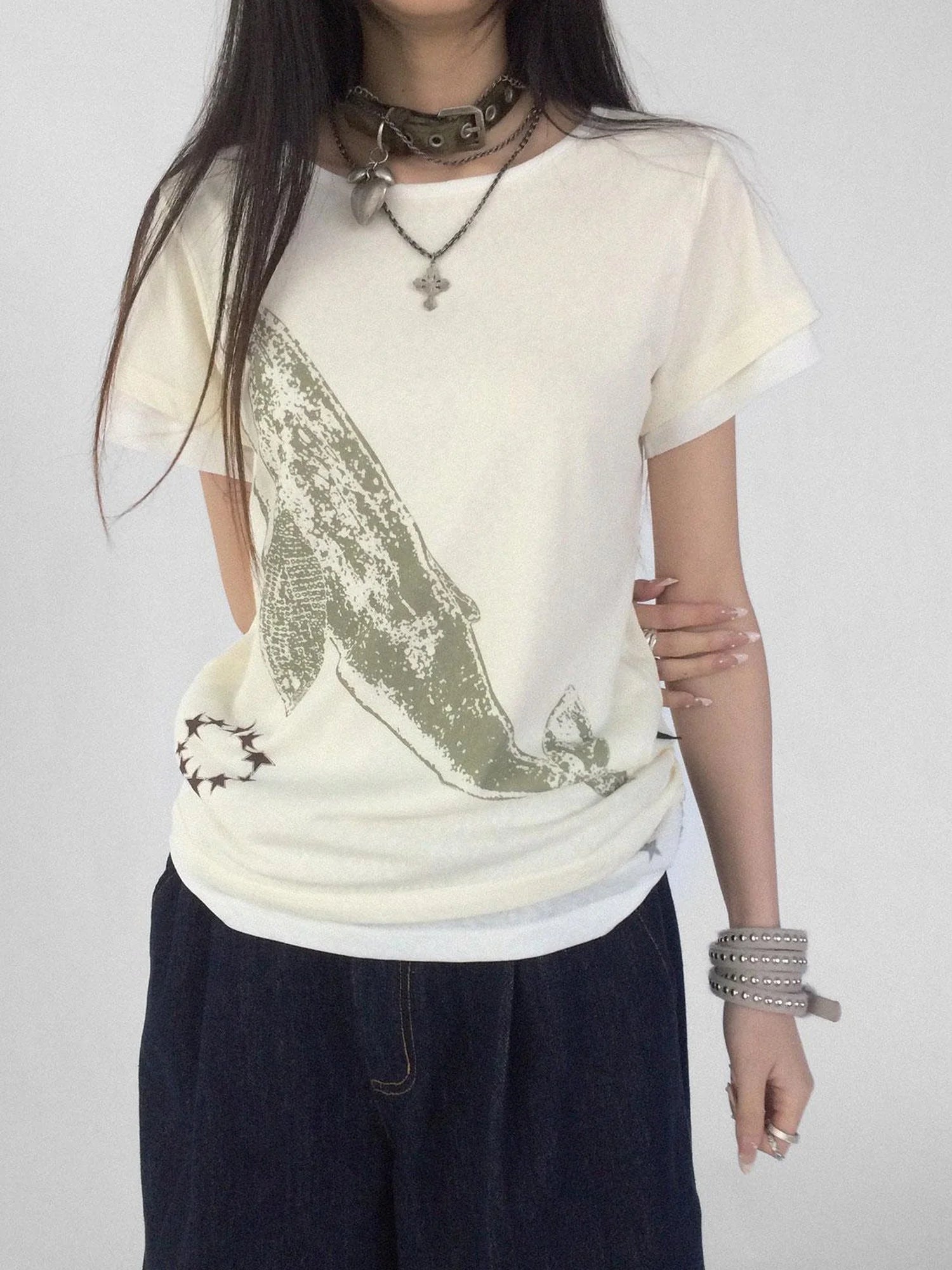 Silent Whale Embroidered Print Tee Retro Color Block Design