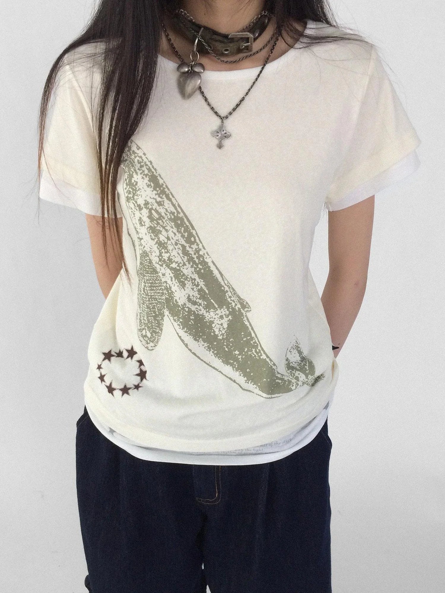 Silent Whale Embroidered Print Tee Retro Color Block Design