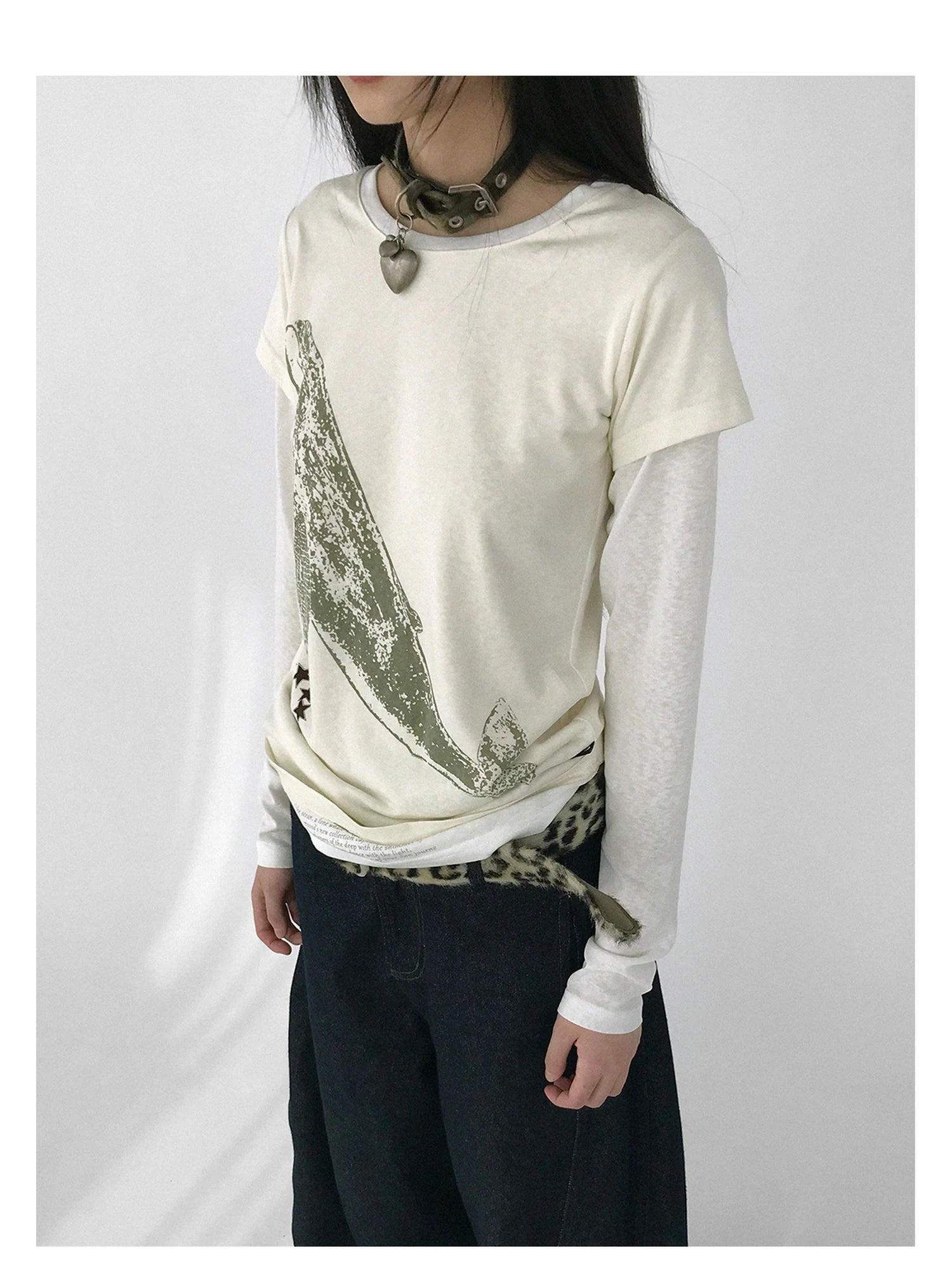 Silent Whale Embroidered Print Tee Retro Color Block Design