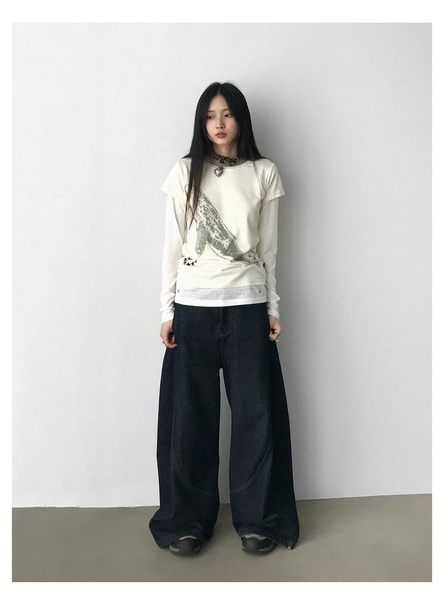 Silent Whale Embroidered Print Tee Retro Color Block Design