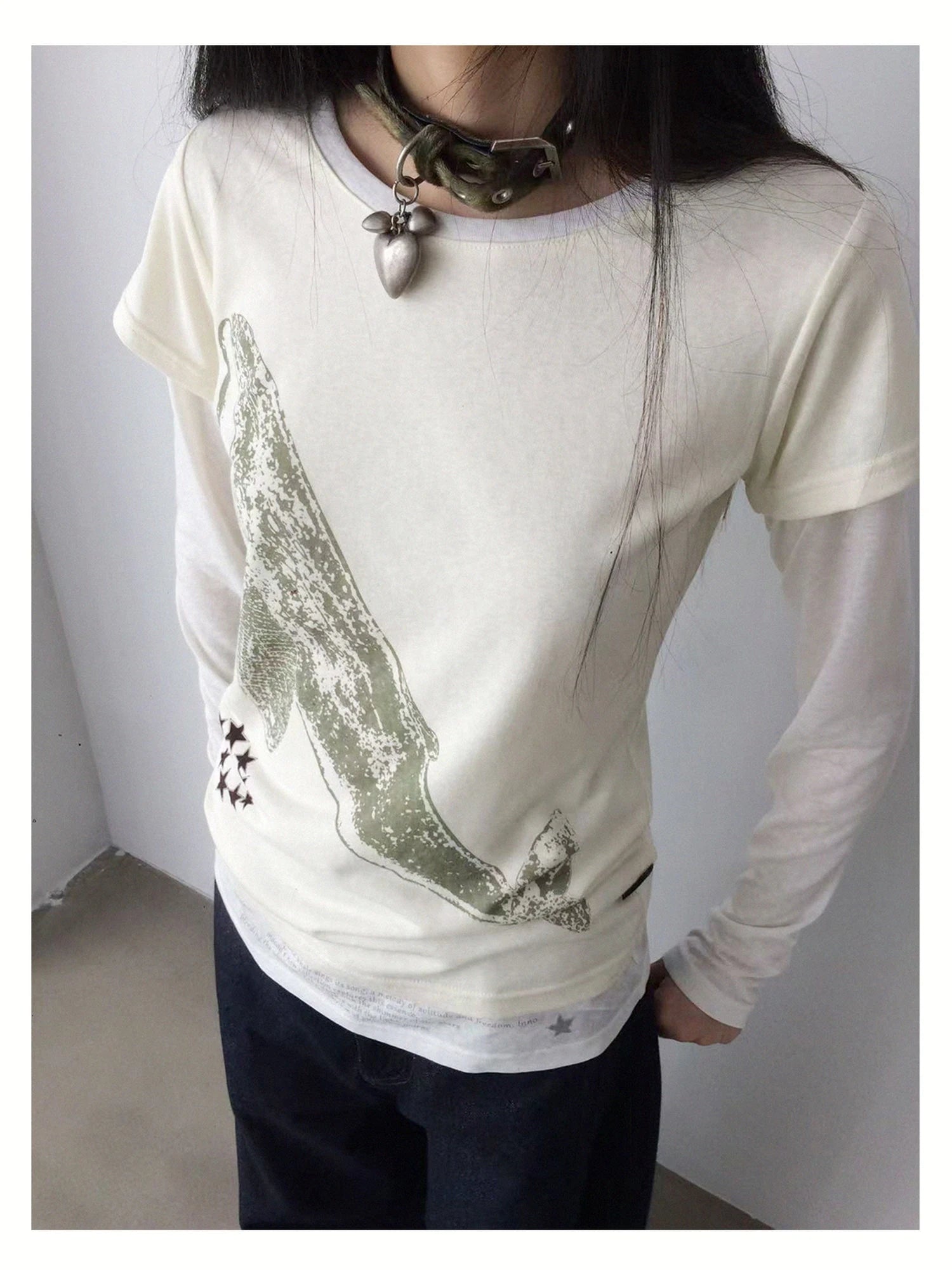 Silent Whale Embroidered Print Tee Retro Color Block Design