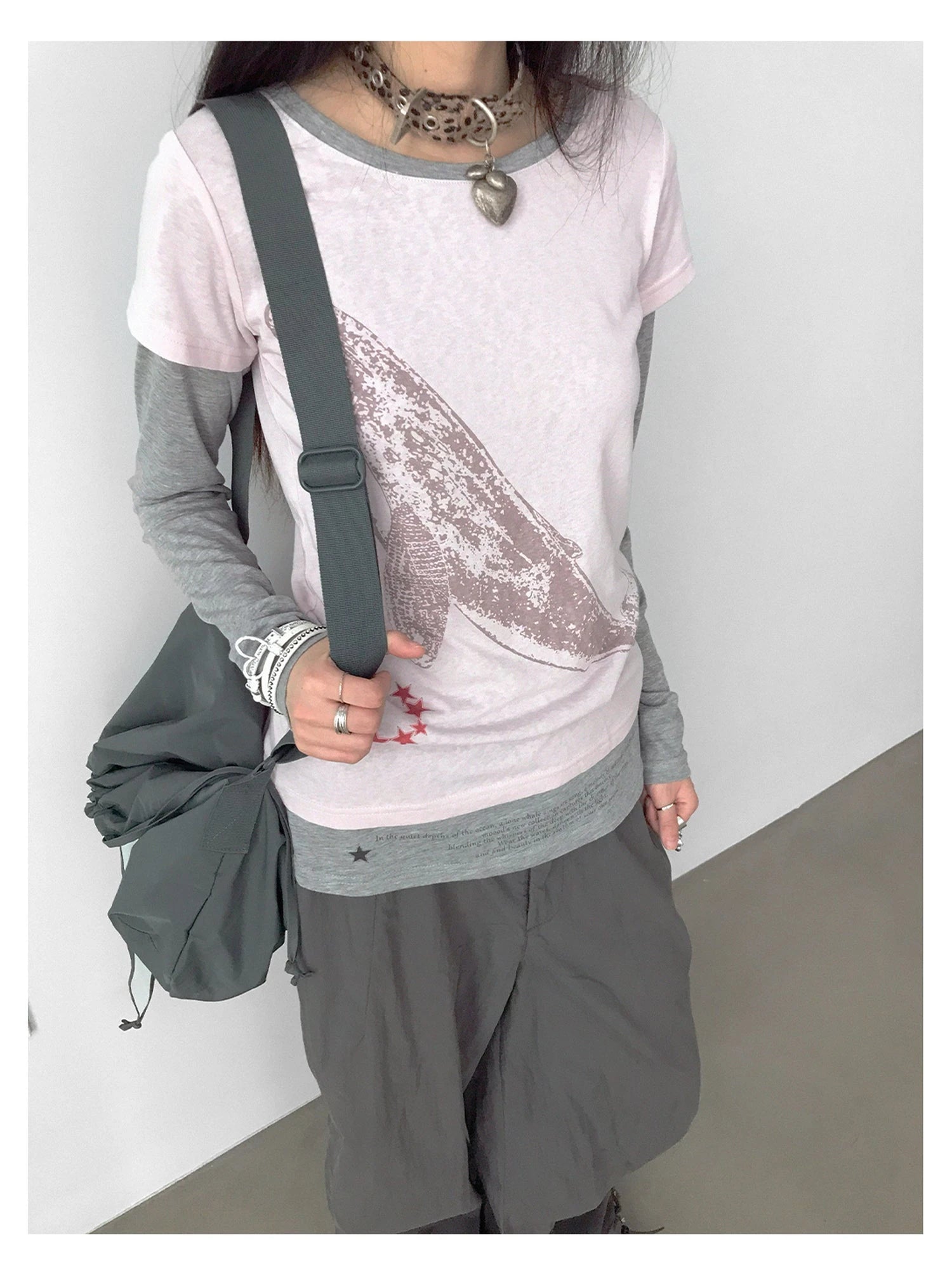 Silent Whale Embroidered Print Tee Retro Color Block Design