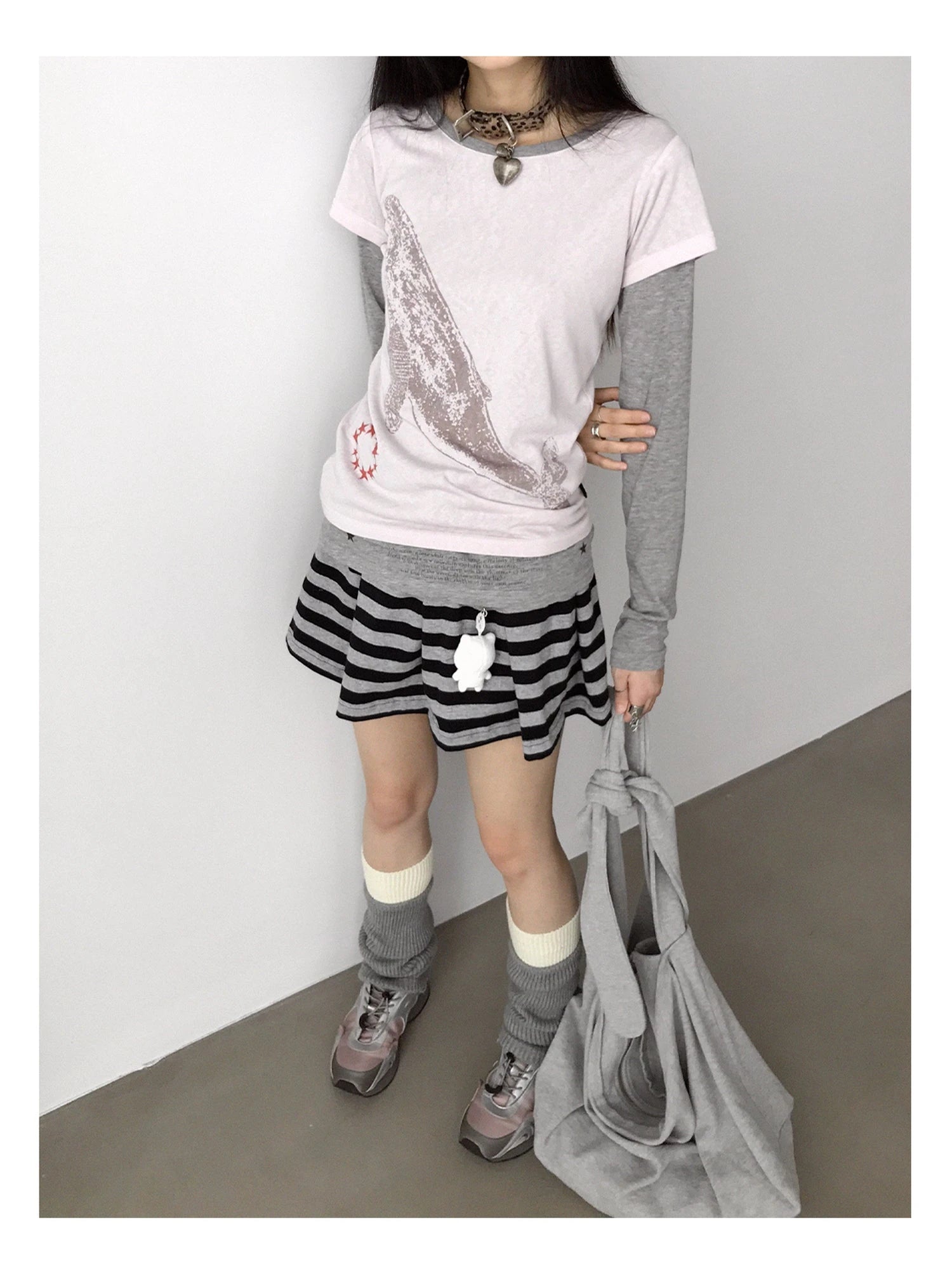 Silent Whale Embroidered Print Tee Retro Color Block Design