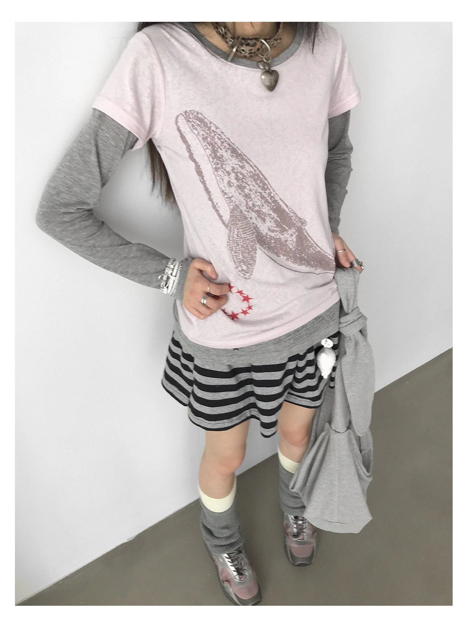 Silent Whale Embroidered Print Tee Retro Color Block Design