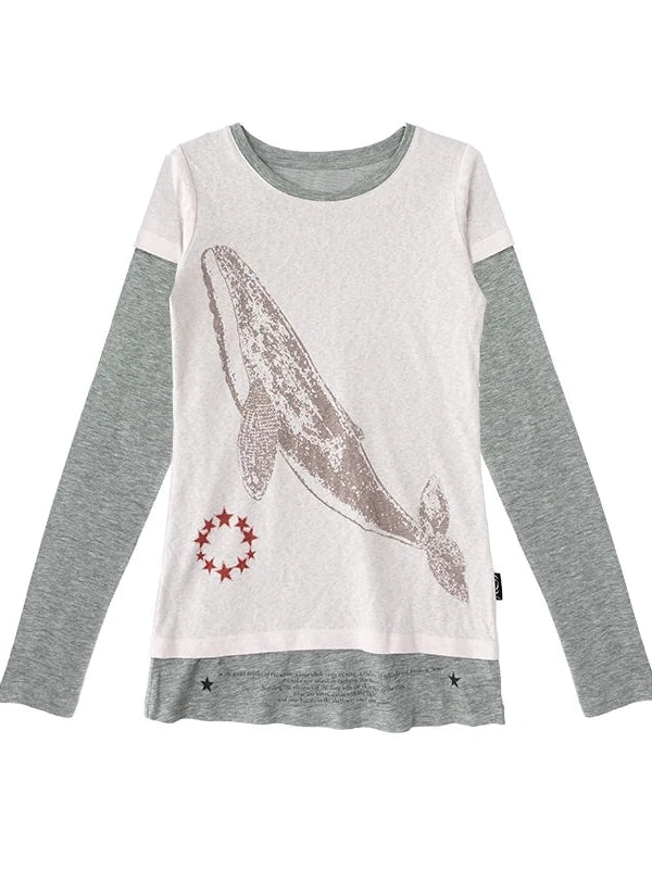 Silent Whale Embroidered Print Tee Retro Color Block Design