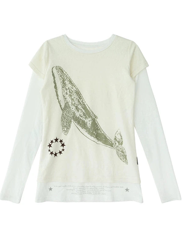 Silent Whale Embroidered Print Tee Retro Color Block Design