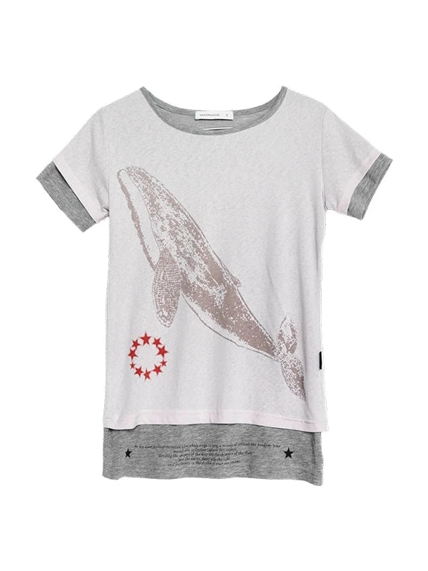 Silent Whale Embroidered Print Tee Retro Color Block Design