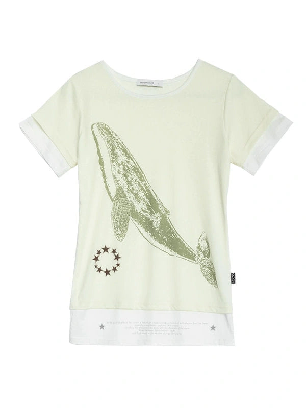 Silent Whale Embroidered Print Tee Retro Color Block Design