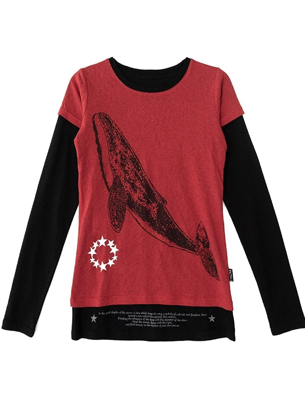 Silent Whale Embroidered Print Tee Retro Color Block Design