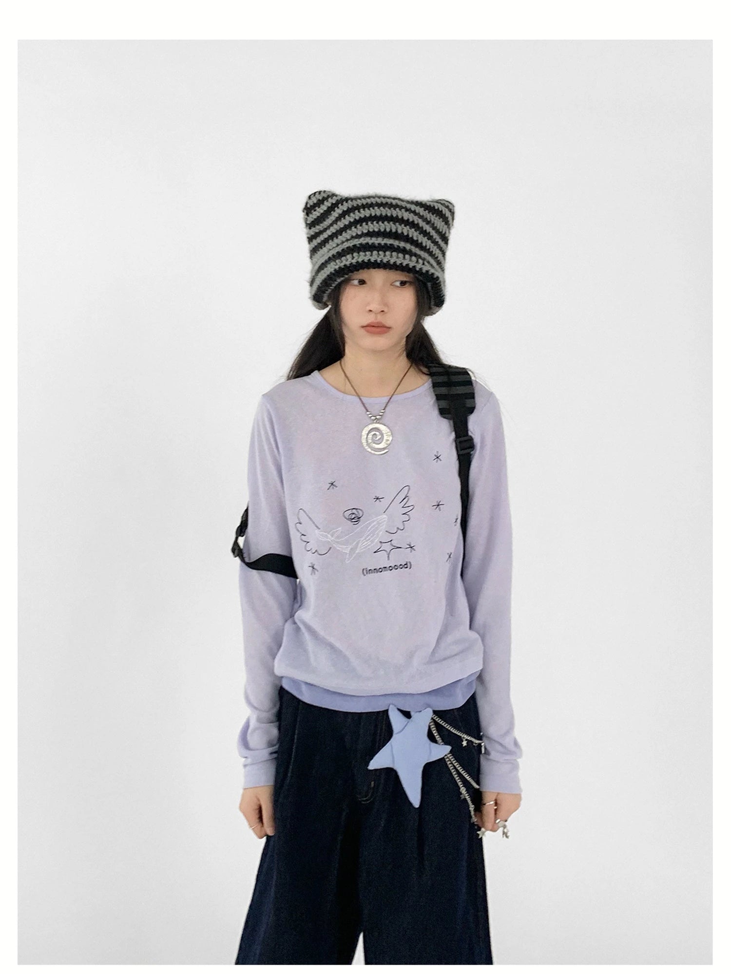 Silent Whale Wing Embroidery Spliced T-shirt