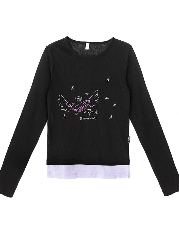 Silent Whale Wing Embroidery Spliced T-shirt