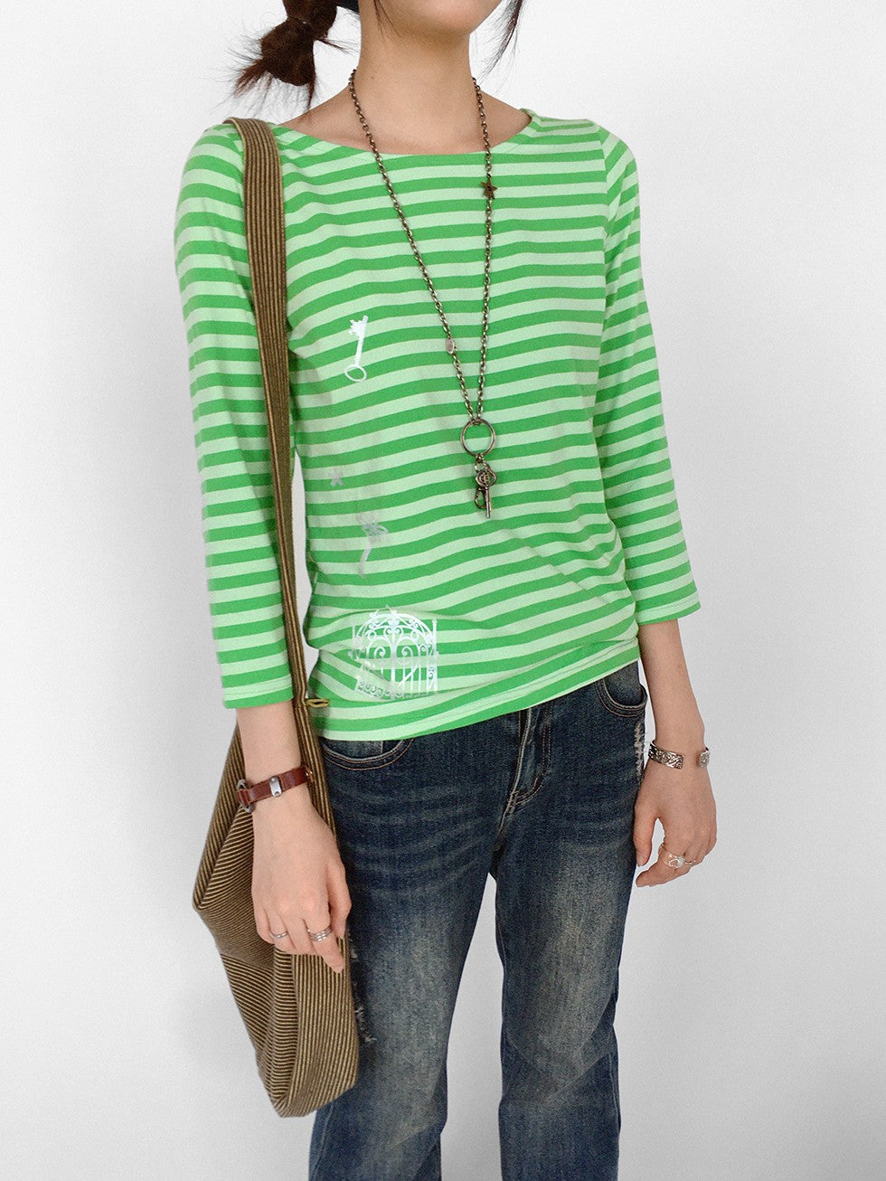 innomoood Silver Foil Print Colorful Striped Round Neck Women&