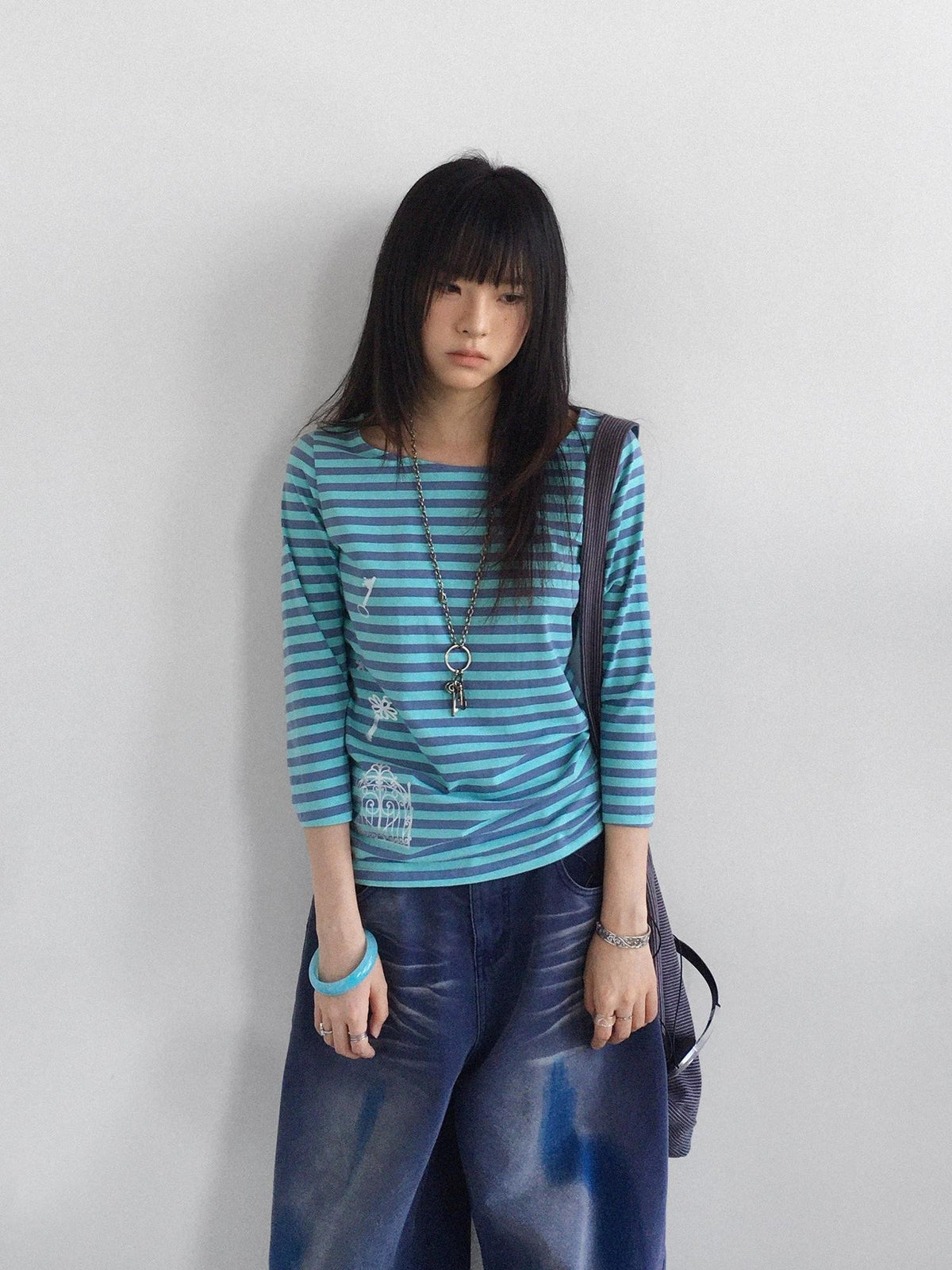 innomoood Silver Foil Print Colorful Striped Round Neck Women&