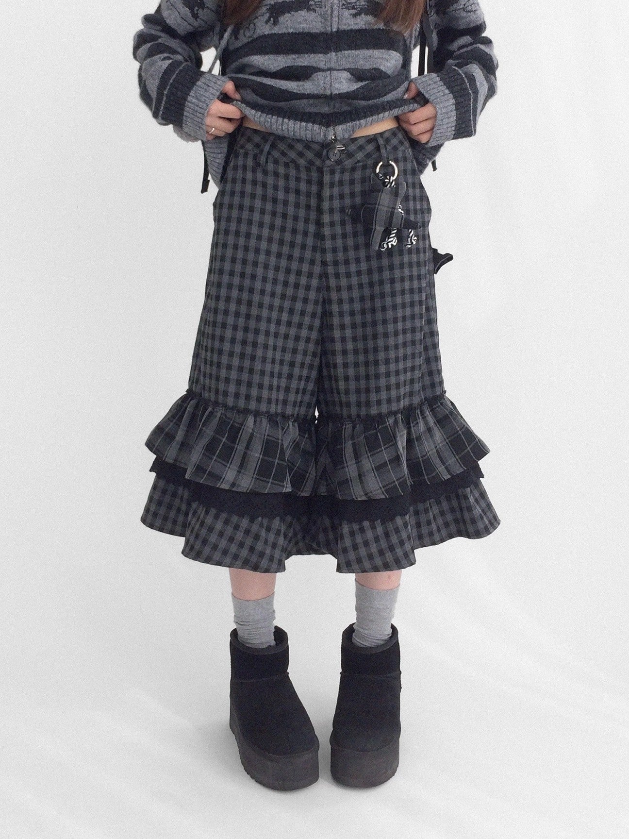 innomoood Soft Breathable Relaxed Wide Leg Natural Waist Plaid Lace Trim Women Pants