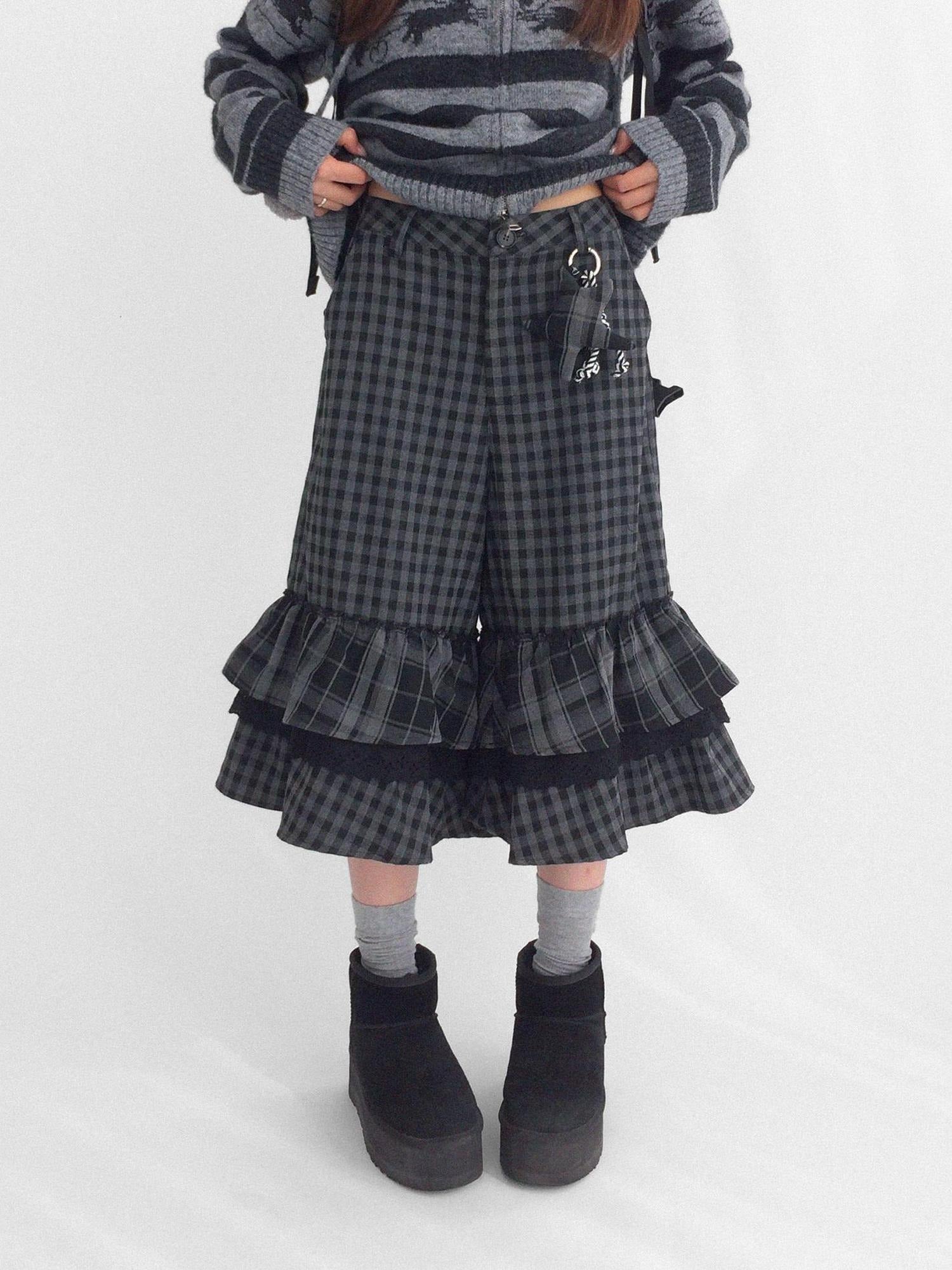 innomoood Soft Breathable Relaxed Wide Leg Natural Waist Plaid Lace Trim Women Pants